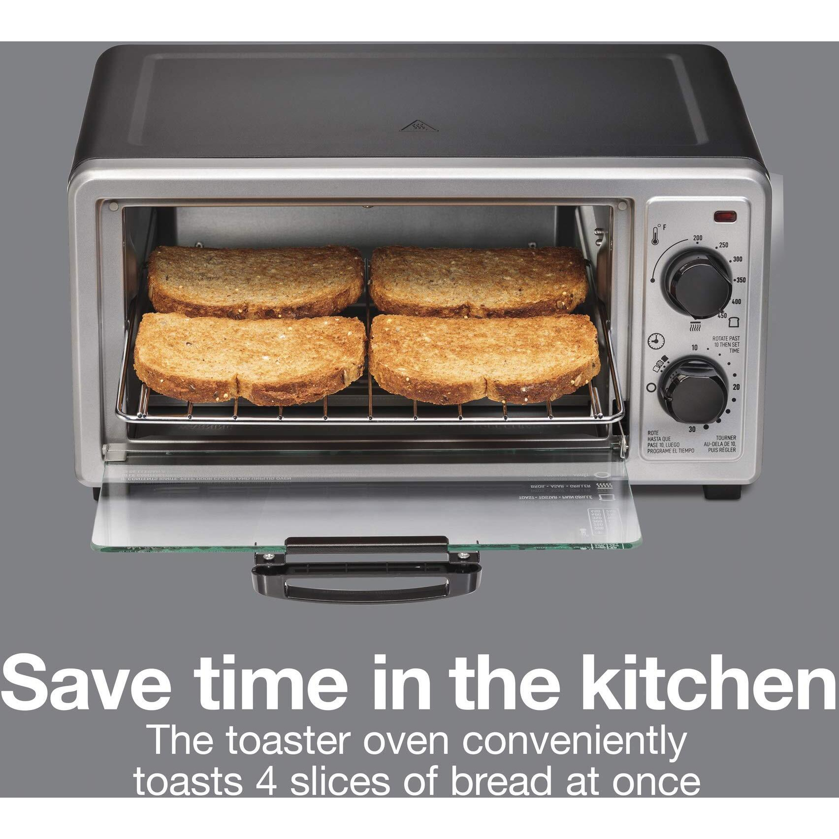 Proctor Silex 4 Slice Countertop Toaster Oven, Multi-Function With Bake, Toast And Broiler, 1100 Watts, 30 Min Timer And Auto-Shutoff, Includes Backing Pan And Rack, Black And Silver (31260)
