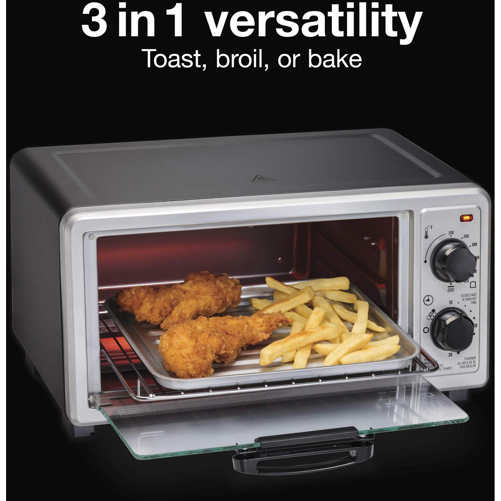 Proctor Silex 4 Slice Countertop Toaster Oven, Multi-Function With Bake, Toast And Broiler, 1100 Watts, 30 Min Timer And Auto-Shutoff, Includes Backing Pan And Rack, Black And Silver (31260)