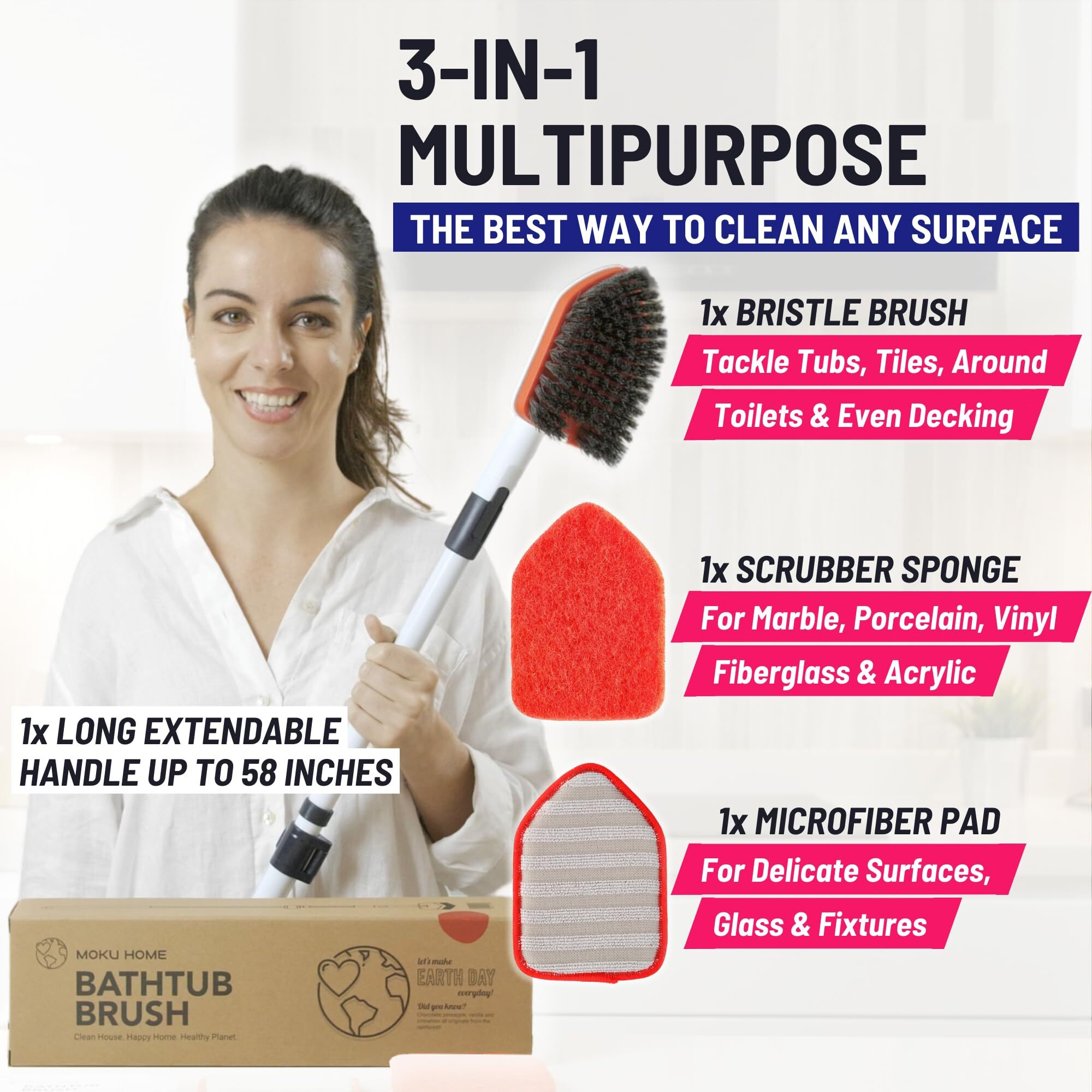 Moku Home Shower Scrubber 3 In 1 Extendable Long Handle 58"" Cleaning Brush - Non Scratch Shower Brush For Cleaning Bathroom Kitchen Toilet Wall Tub Tile Sink (Red)