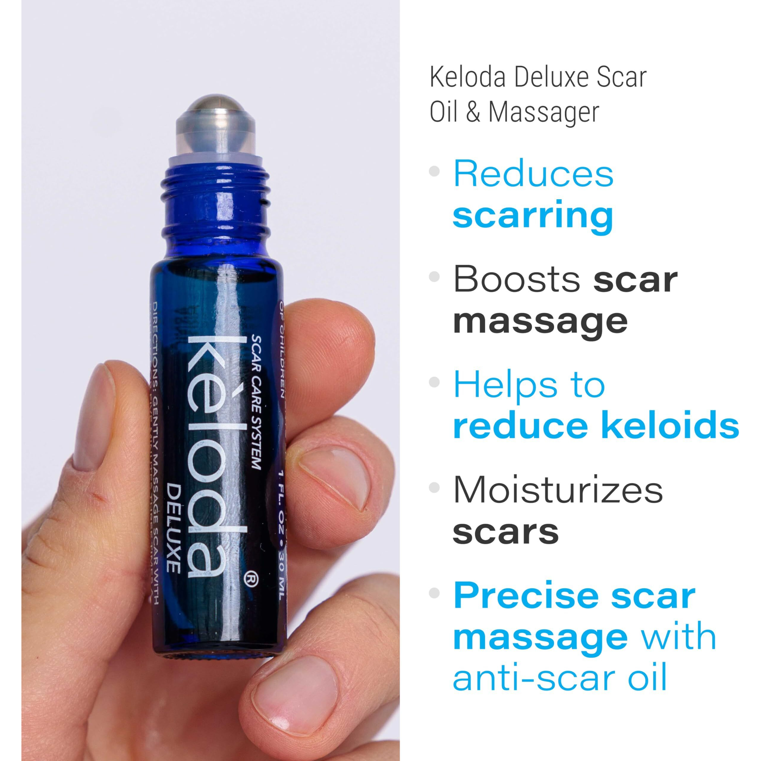 Keloda Deluxe Scar & Keloid Removal Oil & Massager, 0.33 Oz | For Treatment Of Surgical Scars And Piercing Keloids, Acne, Burns | With Coconut, Shea, Turmeric, Lavender, Helichrysum Oils And Vitamin E