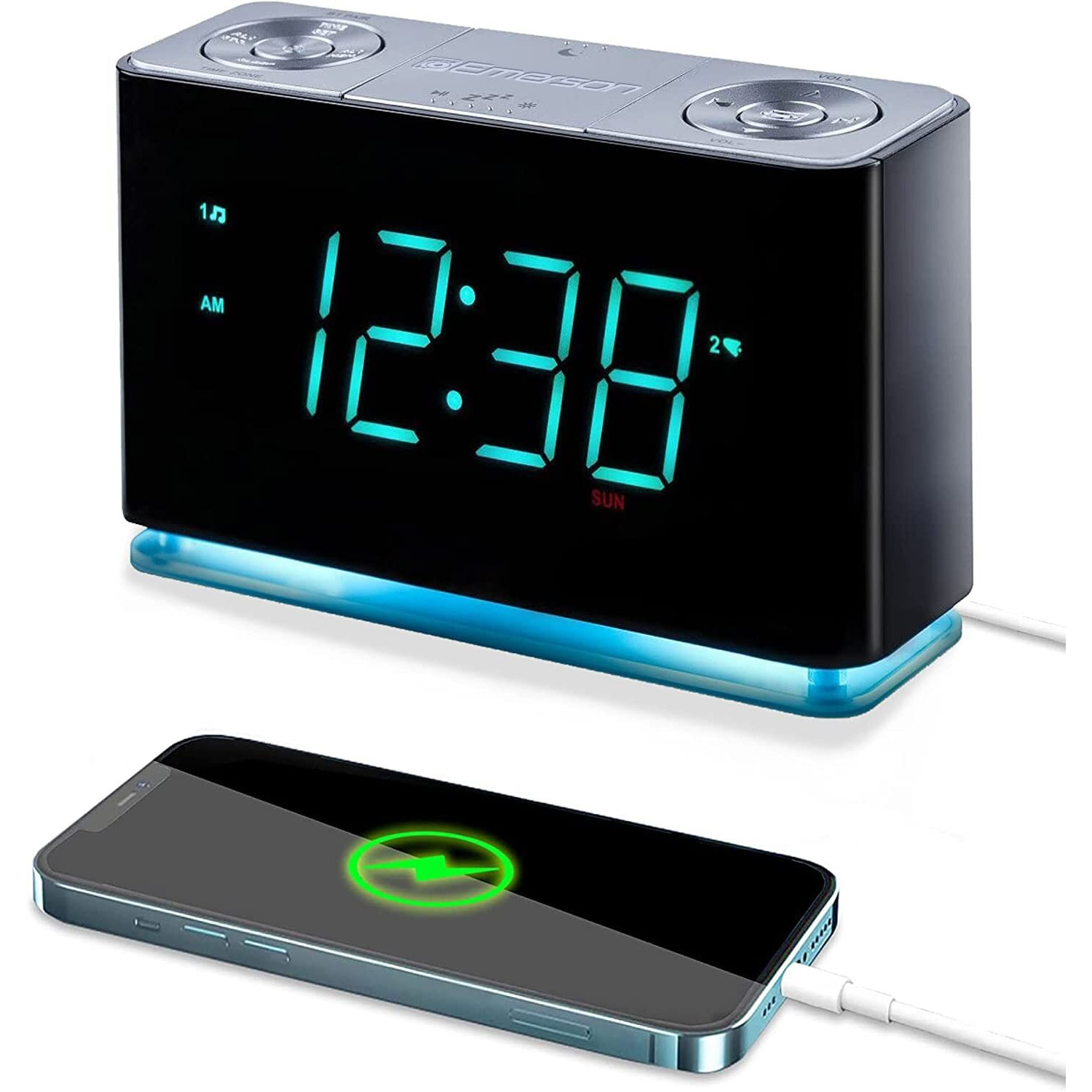 Emerson Smartset Alarm Clock Radio With Bluetooth Speaker With Usb Port For Iphone/Ipad/Ipod/Android And Tablets, 1.4"" Cyan Led Display And Night Light, Er100301
