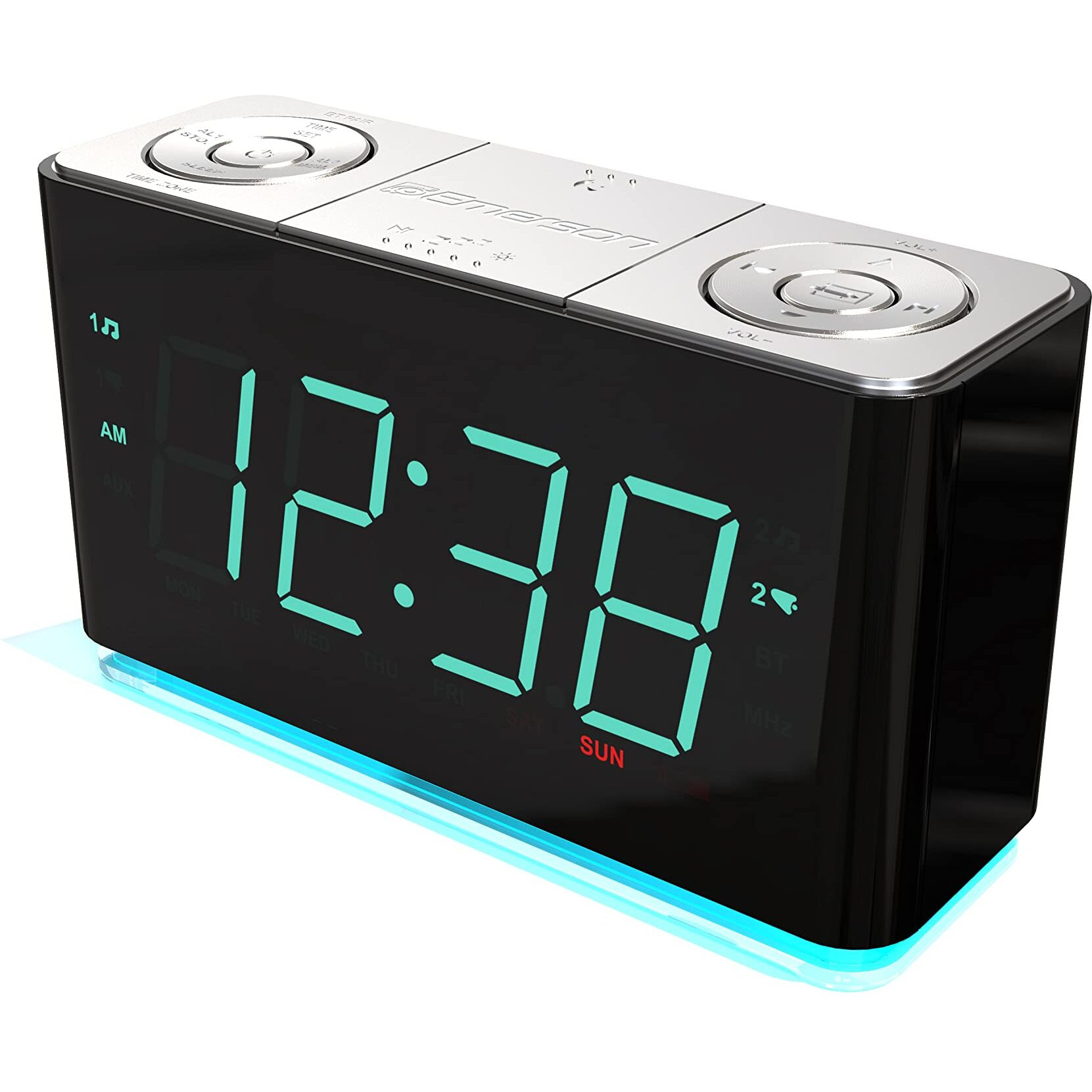 Emerson Smartset Alarm Clock Radio With Bluetooth Speaker With Usb Port For Iphone/Ipad/Ipod/Android And Tablets, 1.4"" Cyan Led Display And Night Light, Er100301
