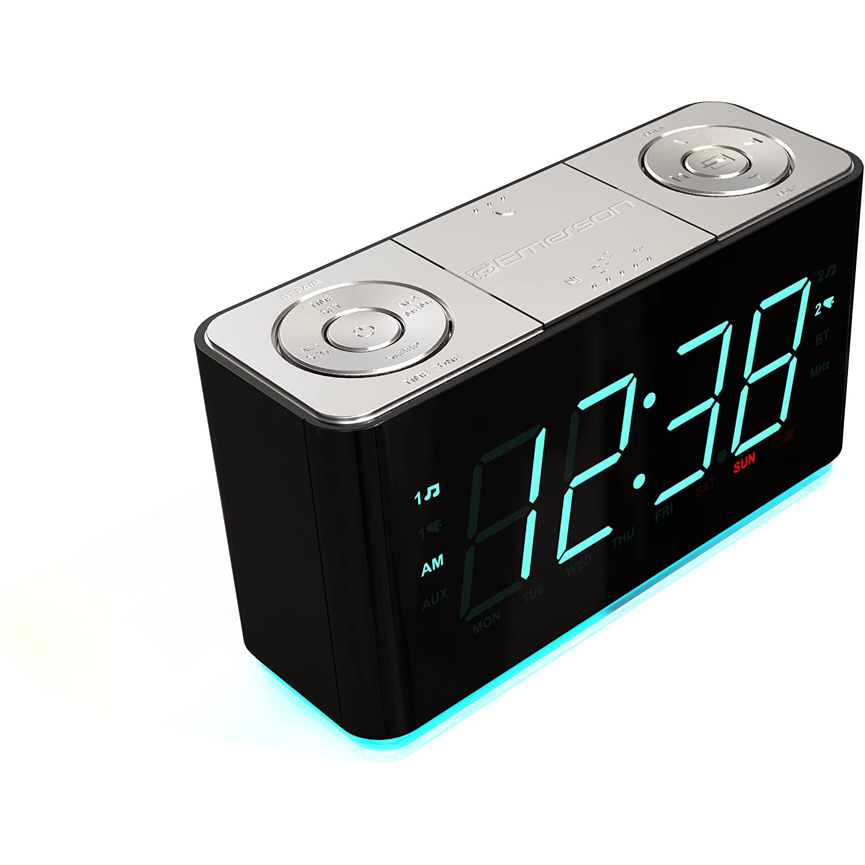 Emerson Smartset Alarm Clock Radio With Bluetooth Speaker With Usb Port For Iphone/Ipad/Ipod/Android And Tablets, 1.4"" Cyan Led Display And Night Light, Er100301