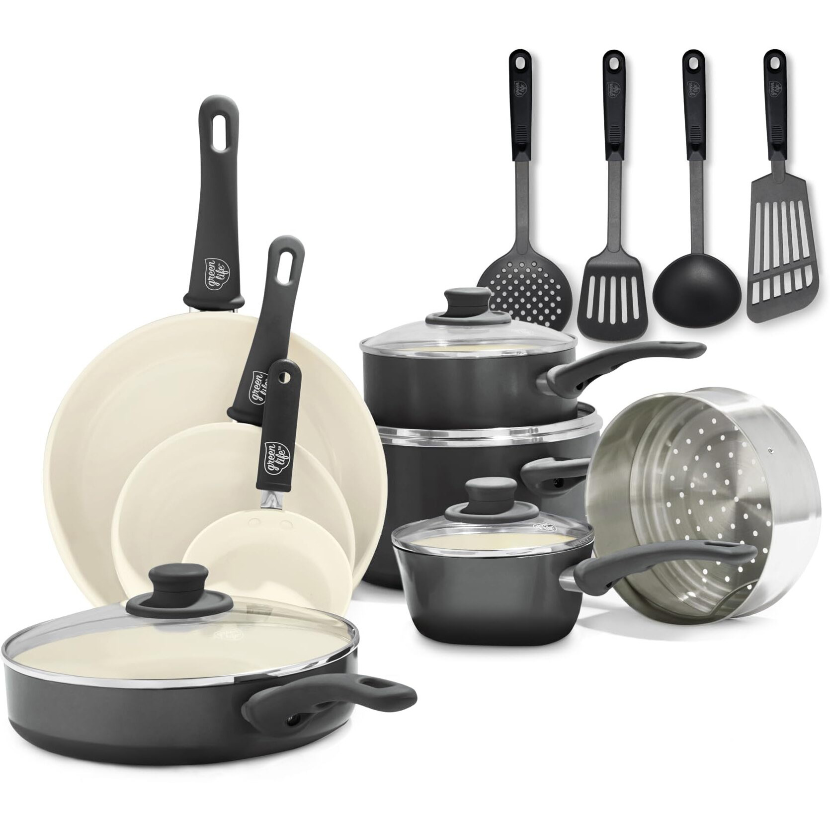 Greenlife Soft Grip 16 Piece Cookware Set, Non-Toxic Pfas-Free Ceramic Nonstick, Frying, Sauce, Saute, Utensils, Glass Lids, Stay-Cool Handles, Wobble Free, Dishwasher & Oven Safe, Black And Cream