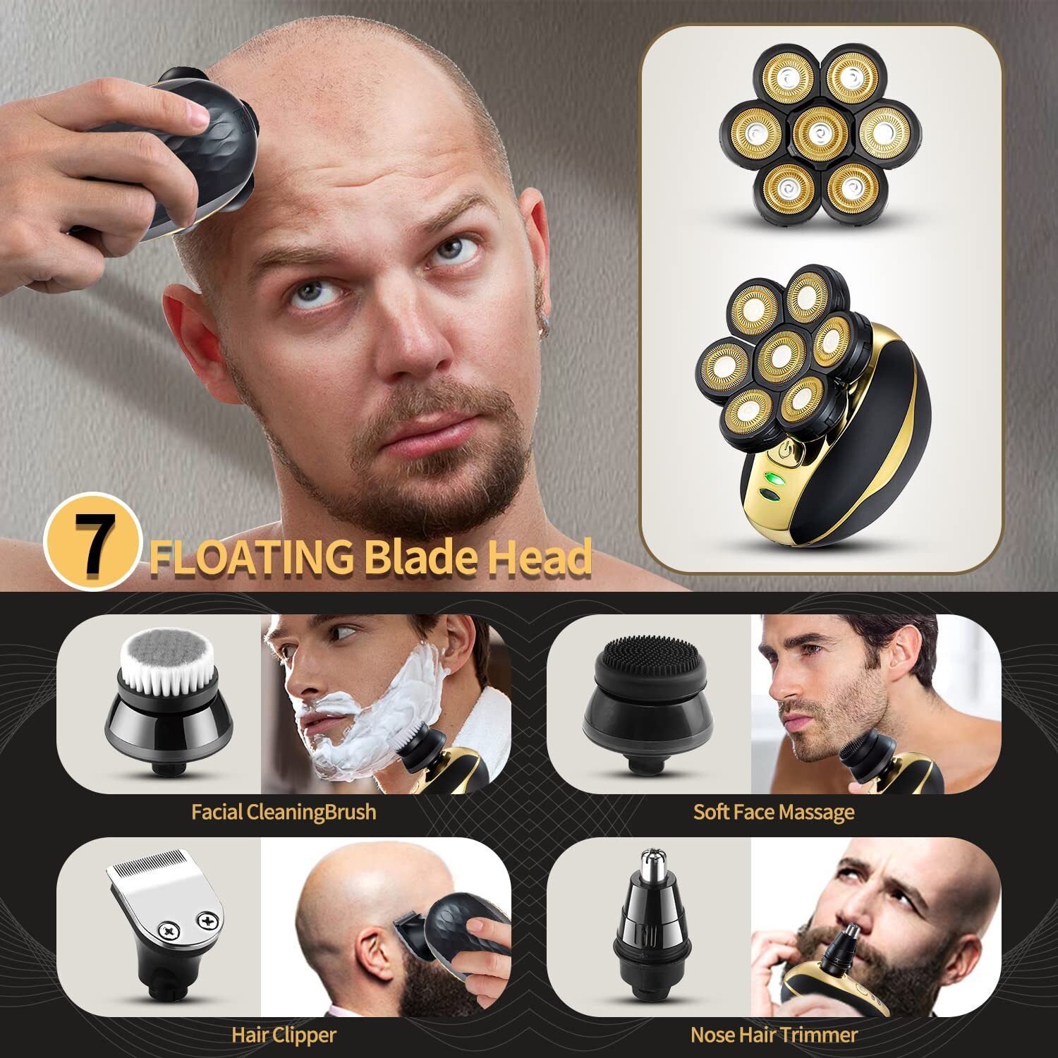 Votmoni Head Shaver For Bald Men Upgrade 7D Electric Shavers Waterproof Bald Head Close Shaver For Men Rechargeable Rotary Shaver Multifunctional Electric Razors Wet & Dry Bald Shaver