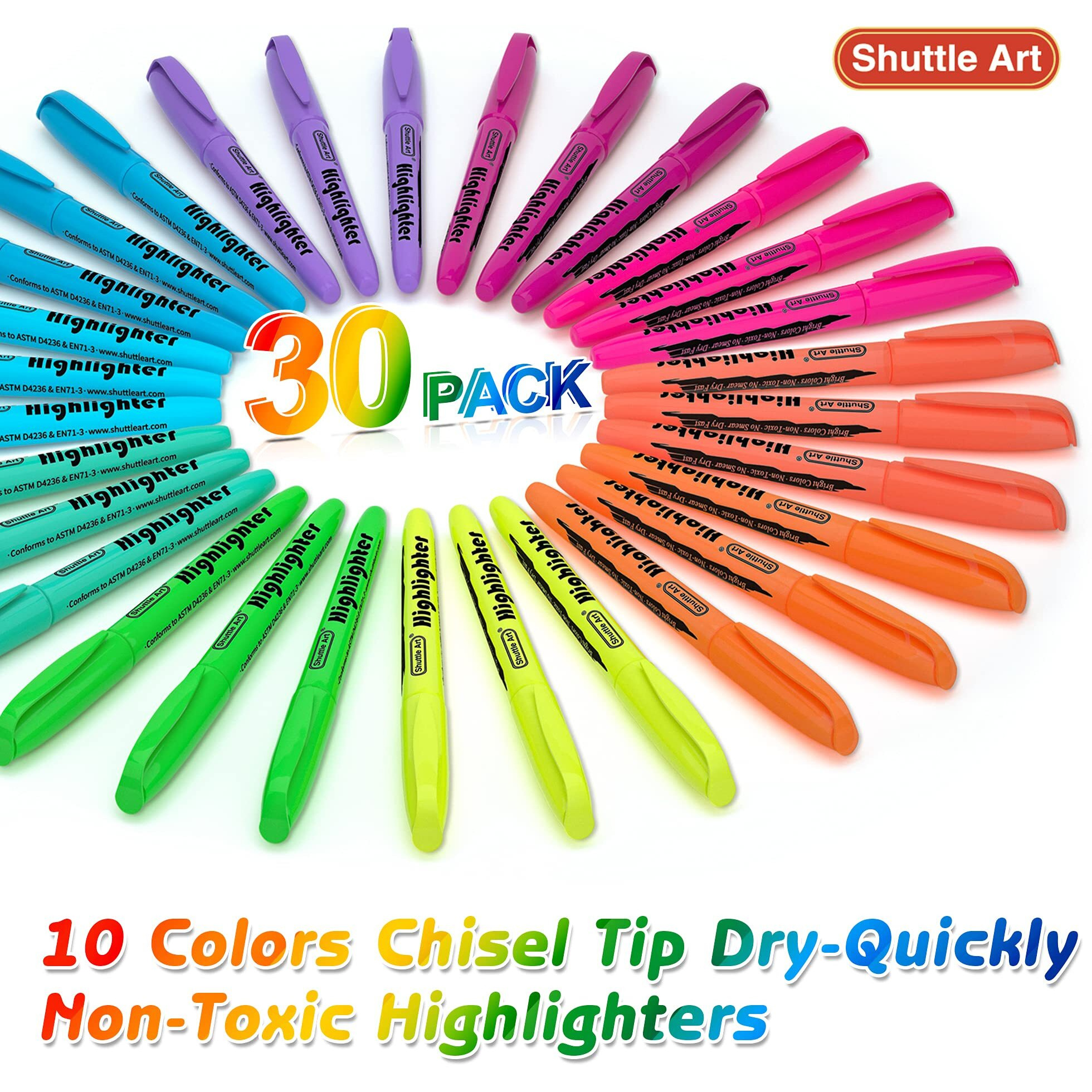 Shuttle Art Highlighters, 30 Pack Highlighters Assorted Colors, 10 Colors Chisel Tip Dry-Quickly Non-Toxic Highlighter Markers For Adults Kids Highlighting In Home School Office