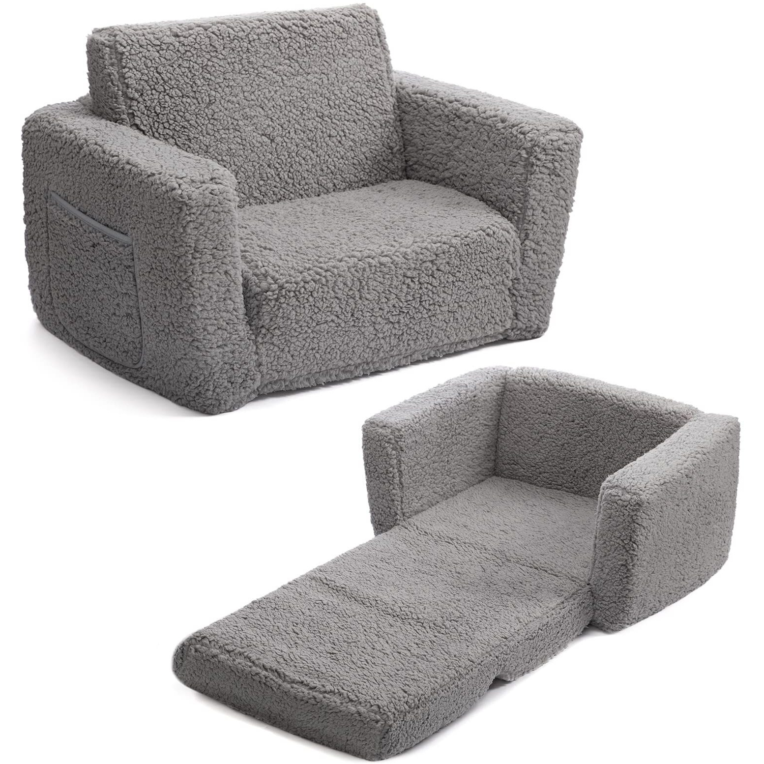 Alimorden 2-In-1 Flip Out Cuddly Sherpa Toddler Couch, Convertible Sofa To Lounger, Grey