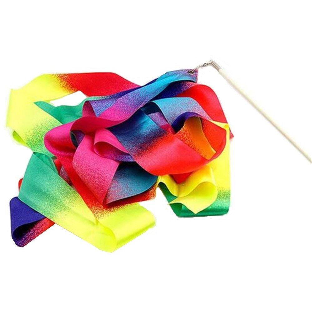Hoonao 2 Pack 4 Meter Gym Dance Ribbon Rhythmic Art Gymnastic Streamer Twirling Rod Stick For Artistic Dancing Rainbow Color