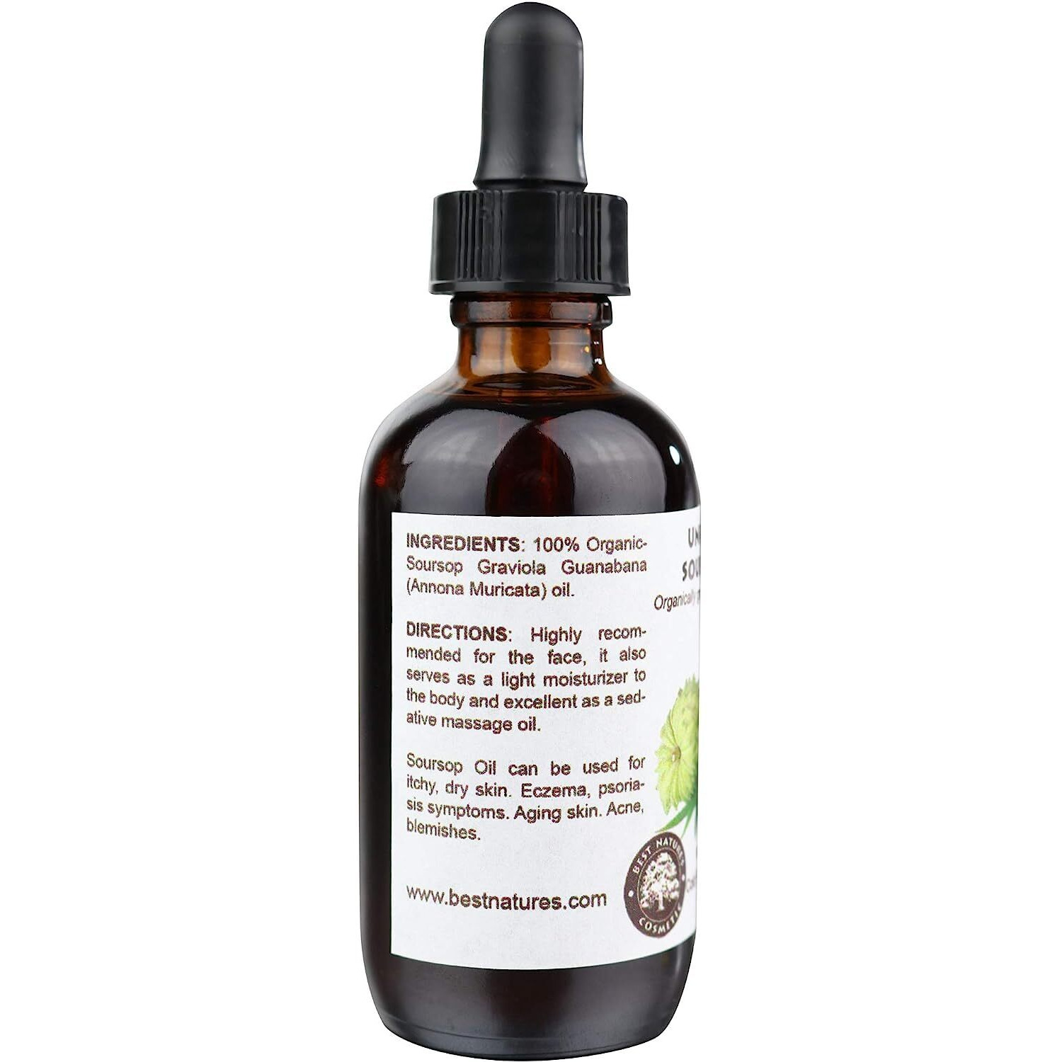 Best Nature's Cosmetics Virgin Soursop Graviola Guanabana Oil (Organic, Cold Pressed, Undiluted, Unrefined) 2Oz / 60 Ml - Natural Moisturizer For Dry And Damaged Skin.