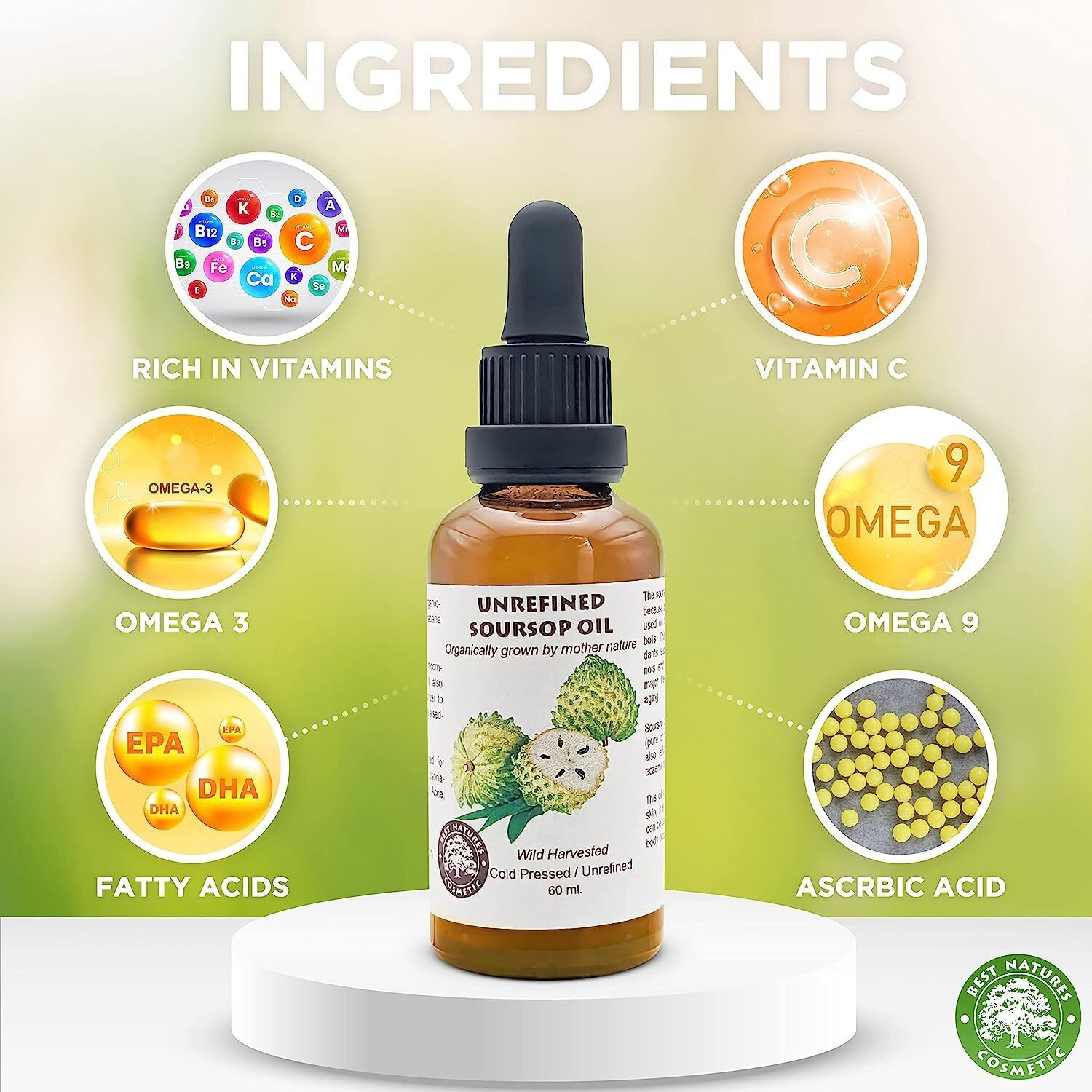 Best Nature's Cosmetics Virgin Soursop Graviola Guanabana Oil (Organic, Cold Pressed, Undiluted, Unrefined) 2Oz / 60 Ml - Natural Moisturizer For Dry And Damaged Skin.