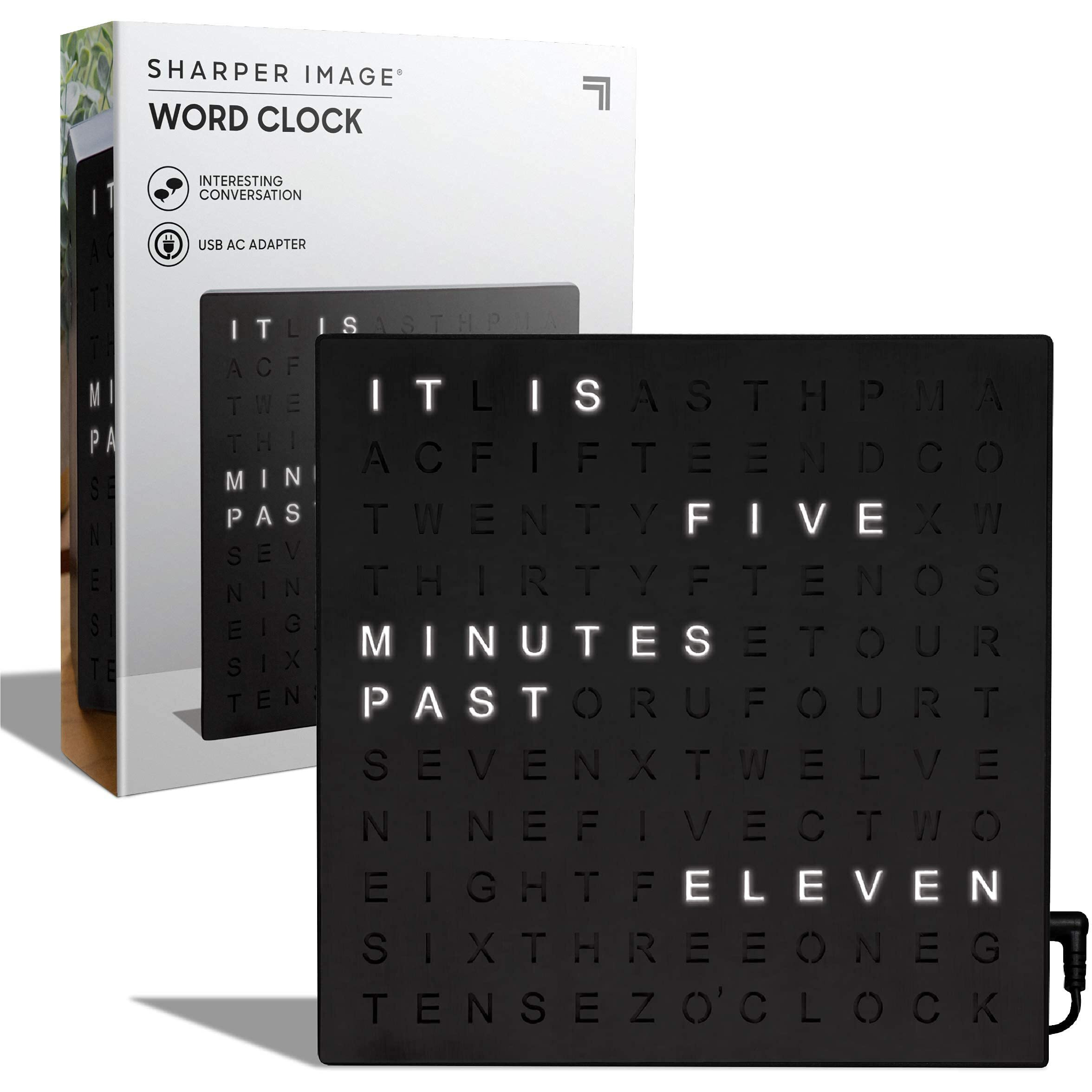 Sharper Image Led Light-Up Word Clock, 7.75"" Modern Design, Electronic Accent Wall Or Desk Clock, Usb Cord & Power Adapter, Unique Contemporary Home & Office Decor, Easy Setup, Housewarming Gift
