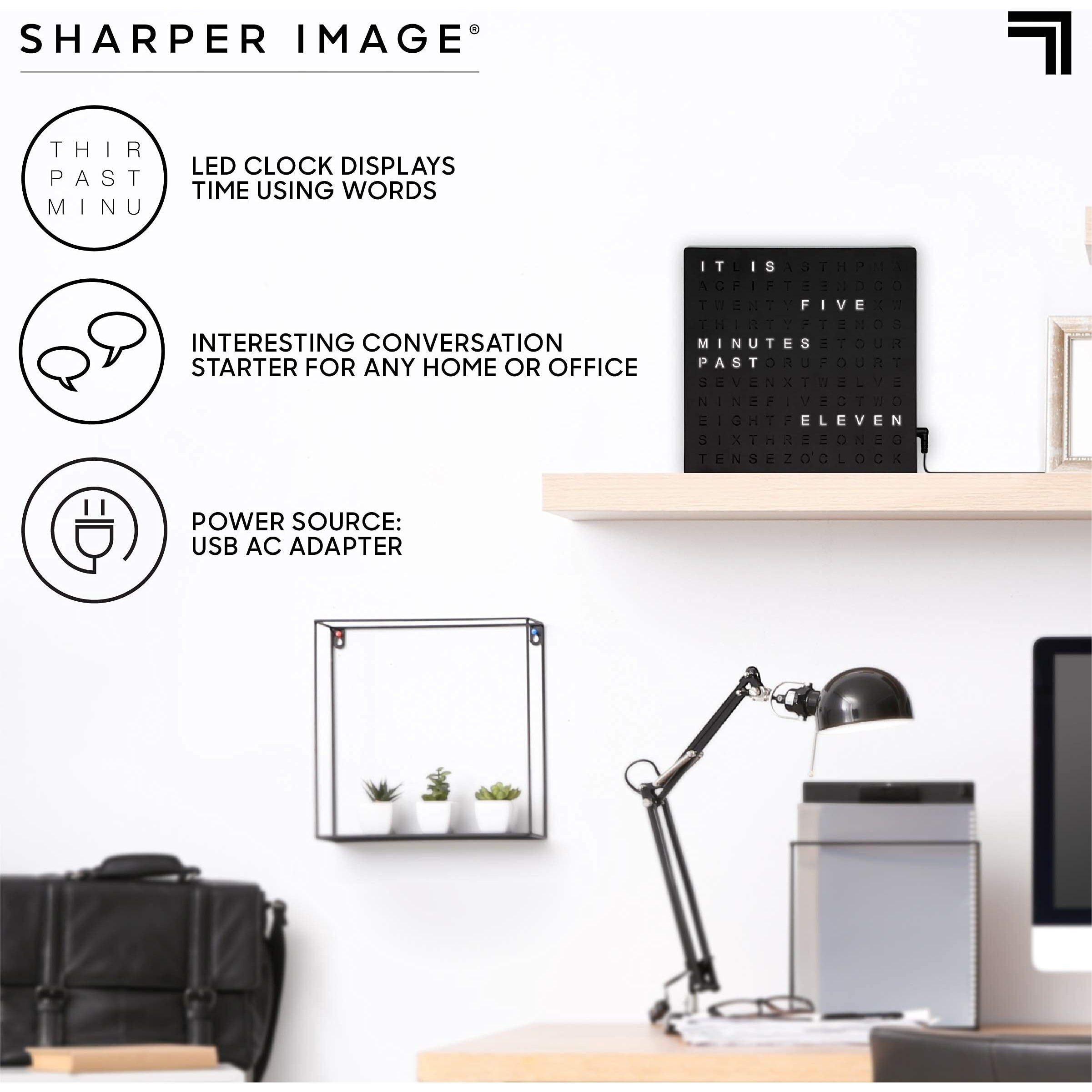 Sharper Image Led Light-Up Word Clock, 7.75"" Modern Design, Electronic Accent Wall Or Desk Clock, Usb Cord & Power Adapter, Unique Contemporary Home & Office Decor, Easy Setup, Housewarming Gift