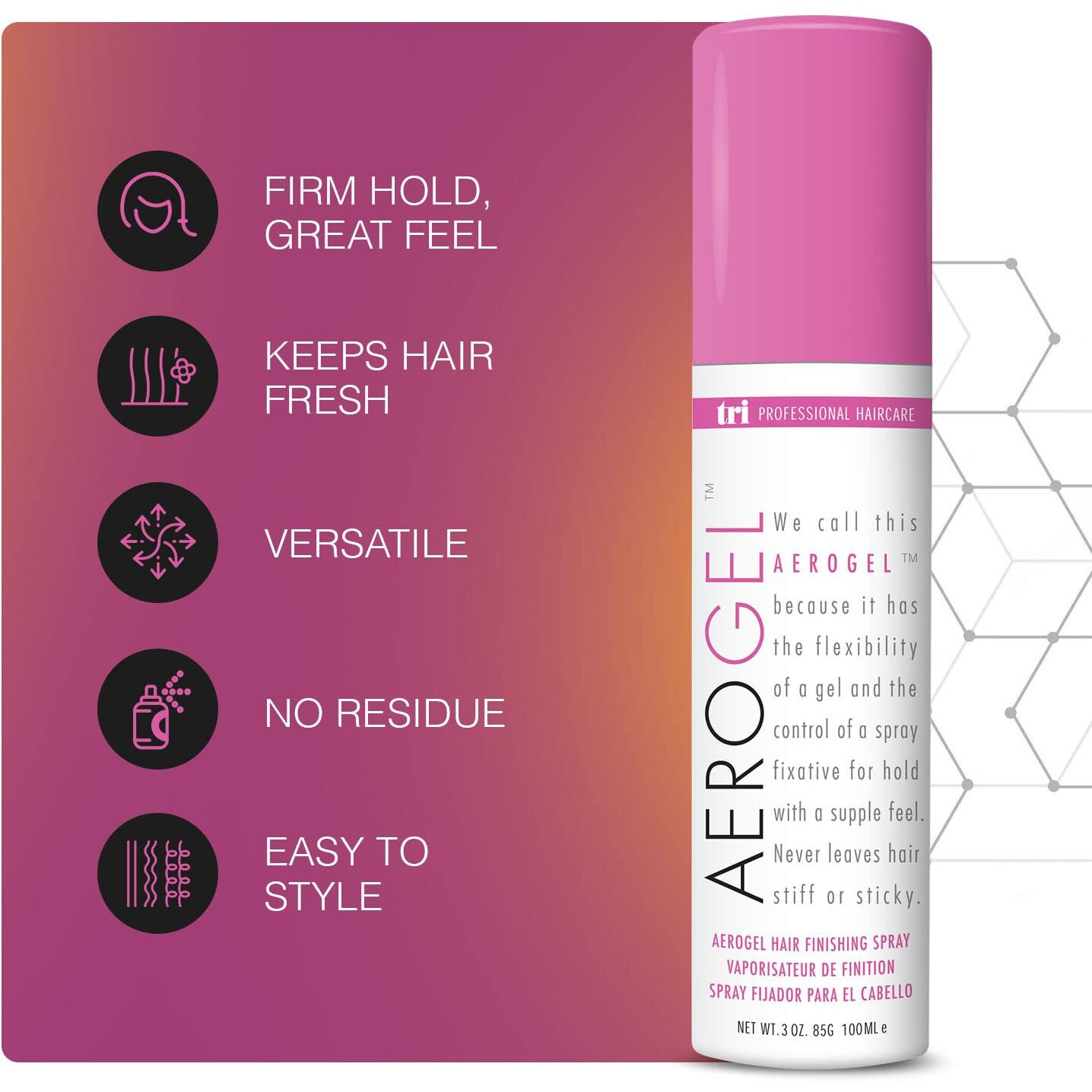 Tri Design Aerogel Hairspray - Strong Hold Hair Finishing Spray For Volumizing & Control, Flexible Styling For All Hair Types, Non-Sticky And Scented - For Women And Men - Travel Size Pack Of 2 (3 Oz)
