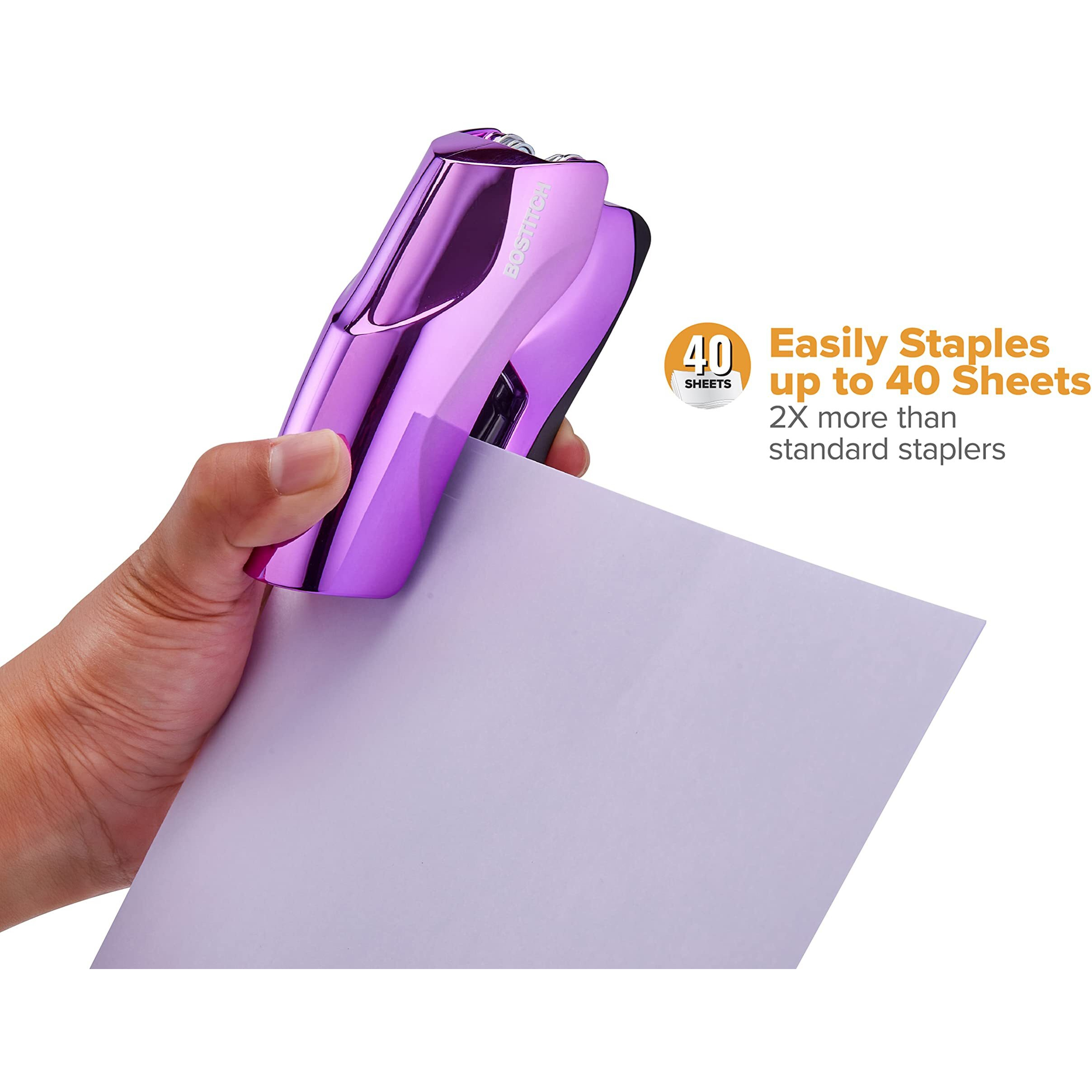 Bostitch Office Heavy Duty Stapler, 40 Sheet Capacity, No Jam, Half Strip, Fits Into The Palm Of Your Hand, For Classroom, Office Or Desk, Metallic Purple