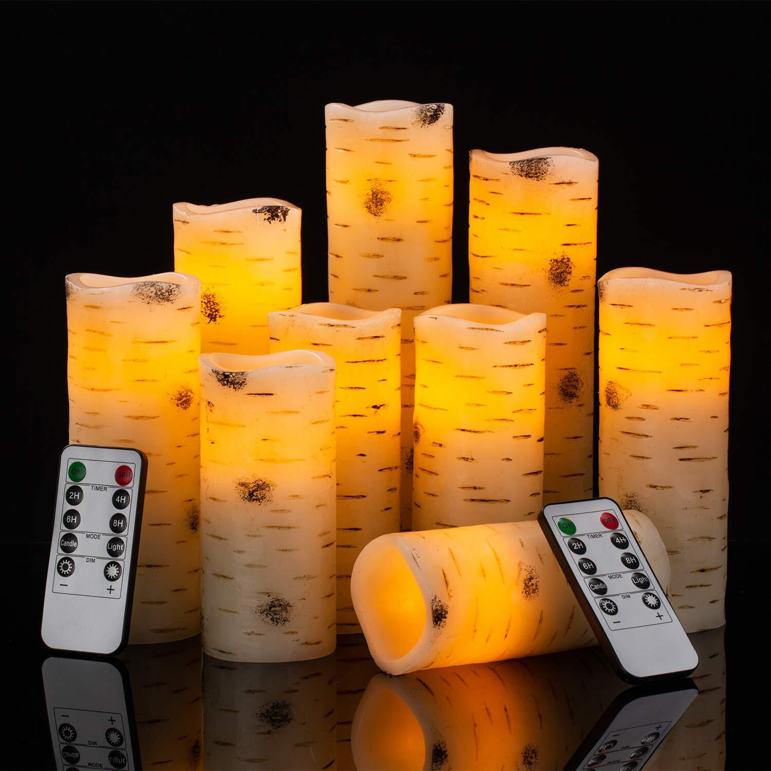 Enpornk Flameless Flickering Candles With Birch Bark Effect Led Candles 4""/5""/6""/7""/8""/9"" Set Of 9 Battery Candles Real Wax Pillar With 10-Key Remote Control - 2/4/6/8 Hours Timer