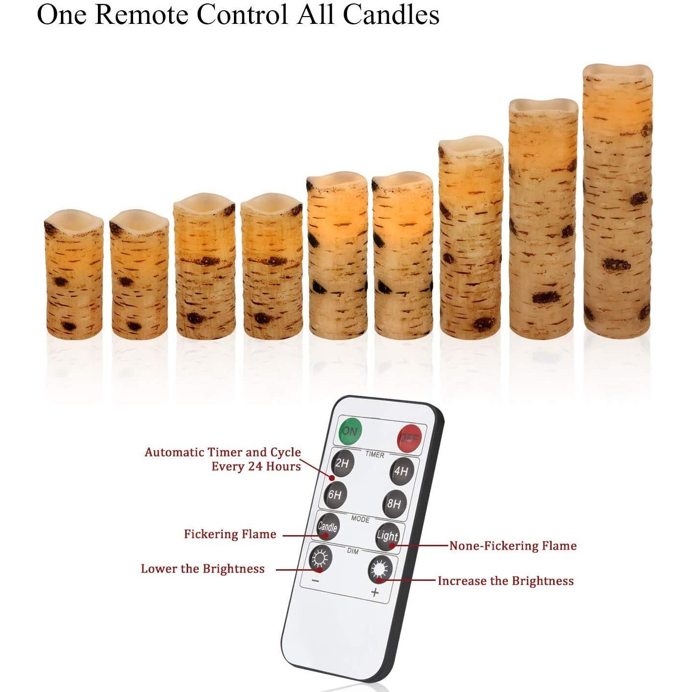 Enpornk Flameless Flickering Candles With Birch Bark Effect Led Candles 4""/5""/6""/7""/8""/9"" Set Of 9 Battery Candles Real Wax Pillar With 10-Key Remote Control - 2/4/6/8 Hours Timer
