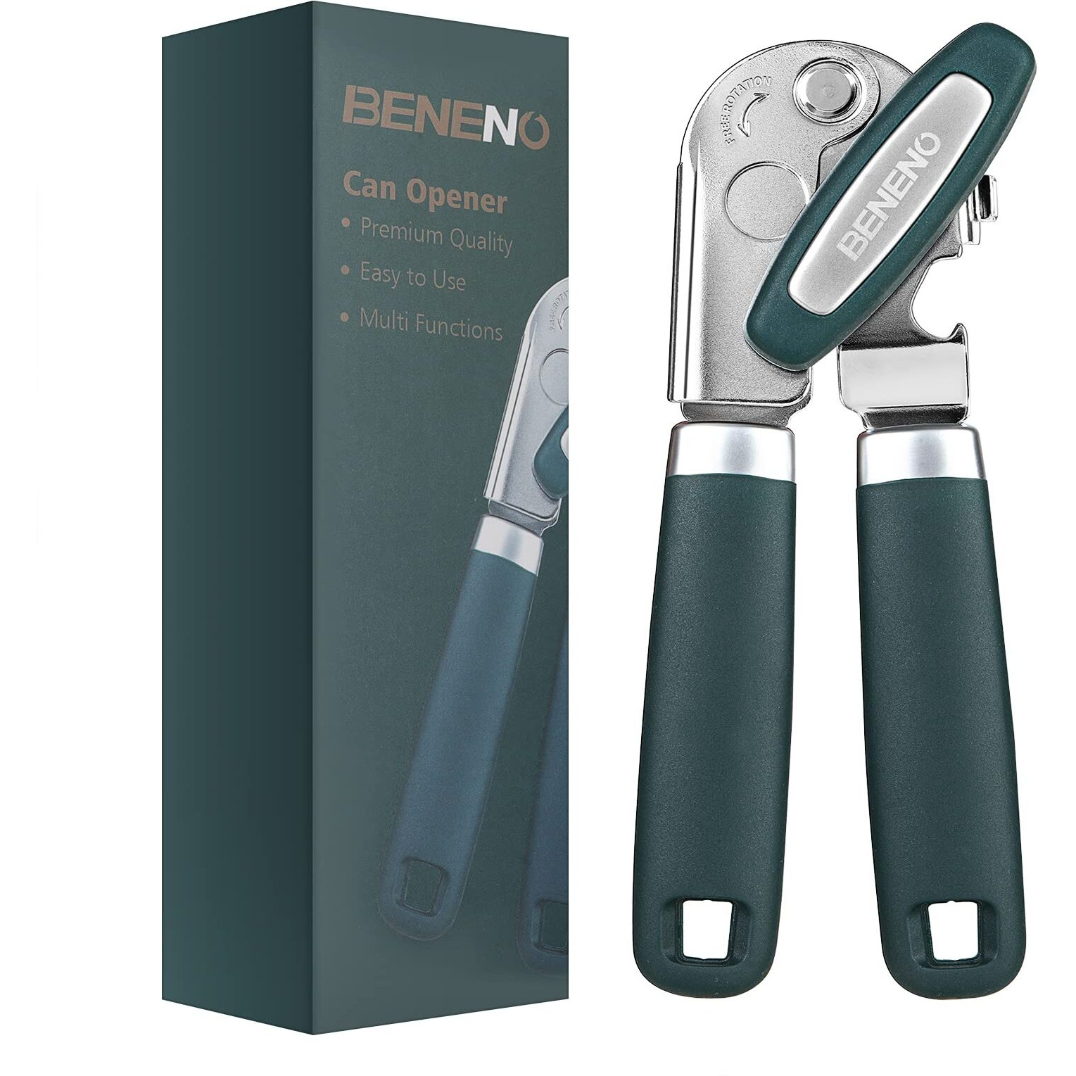 Can Opener Manual With Magnet And Sharp Blade Smooth Edge, Handheld Openers With Big Effort-Saving Knob, Can Opener With Multifunctional Bottles Opener, Green
