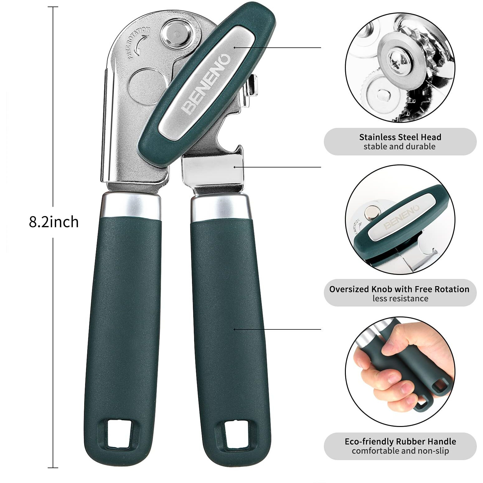 Can Opener Manual With Magnet And Sharp Blade Smooth Edge, Handheld Openers With Big Effort-Saving Knob, Can Opener With Multifunctional Bottles Opener, Green