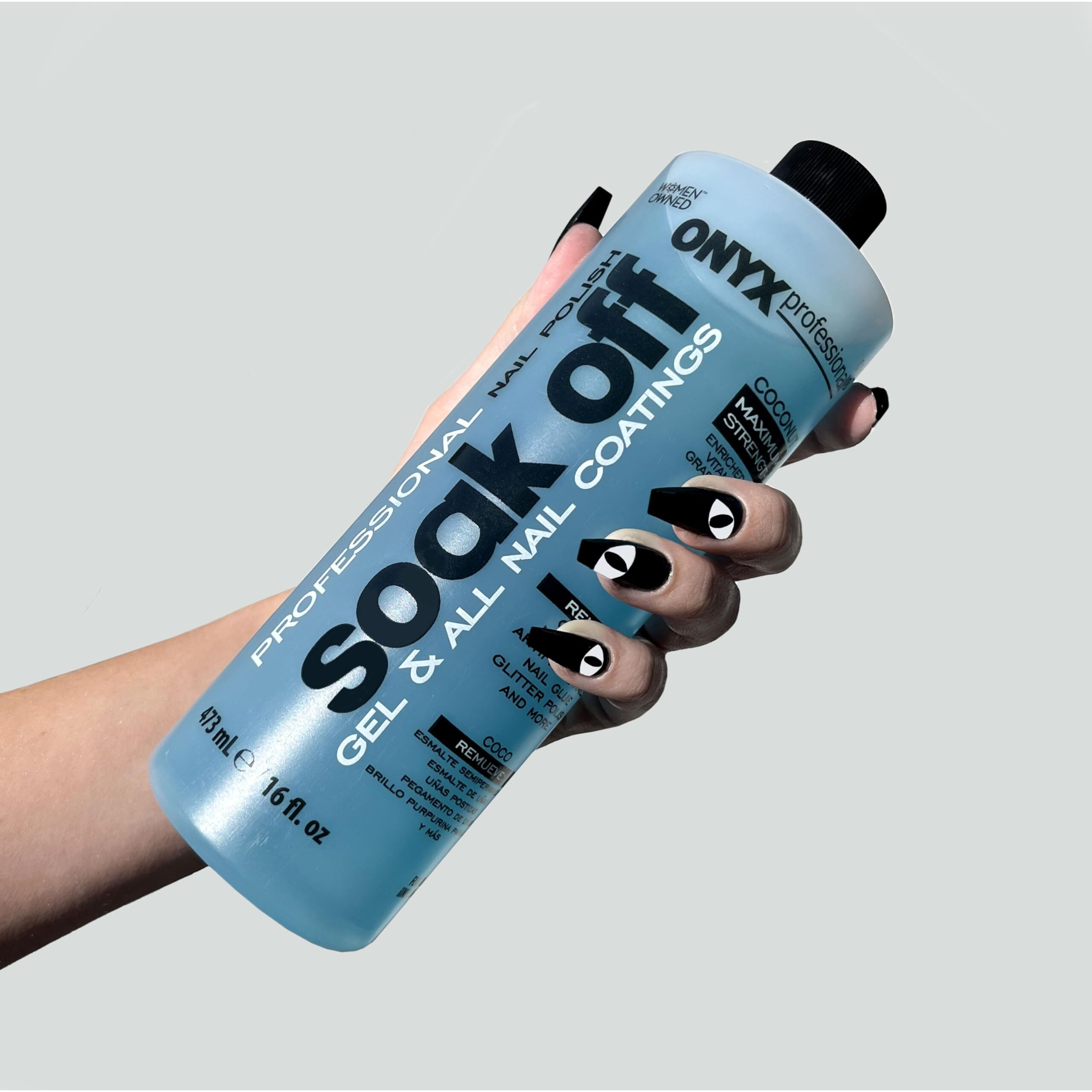 Onyx Professional Coconut Scented Nail Polish Remover With Nail File, 16 Oz, Maximum Strength Soak Off Gel Polish Remover, Vitamin E & Grape Seed Oil Enriched Nourishing Formula