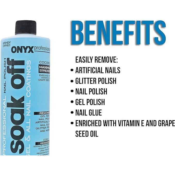 Onyx Professional Coconut Scented Nail Polish Remover With Nail File, 16 Oz, Maximum Strength Soak Off Gel Polish Remover, Vitamin E & Grape Seed Oil Enriched Nourishing Formula