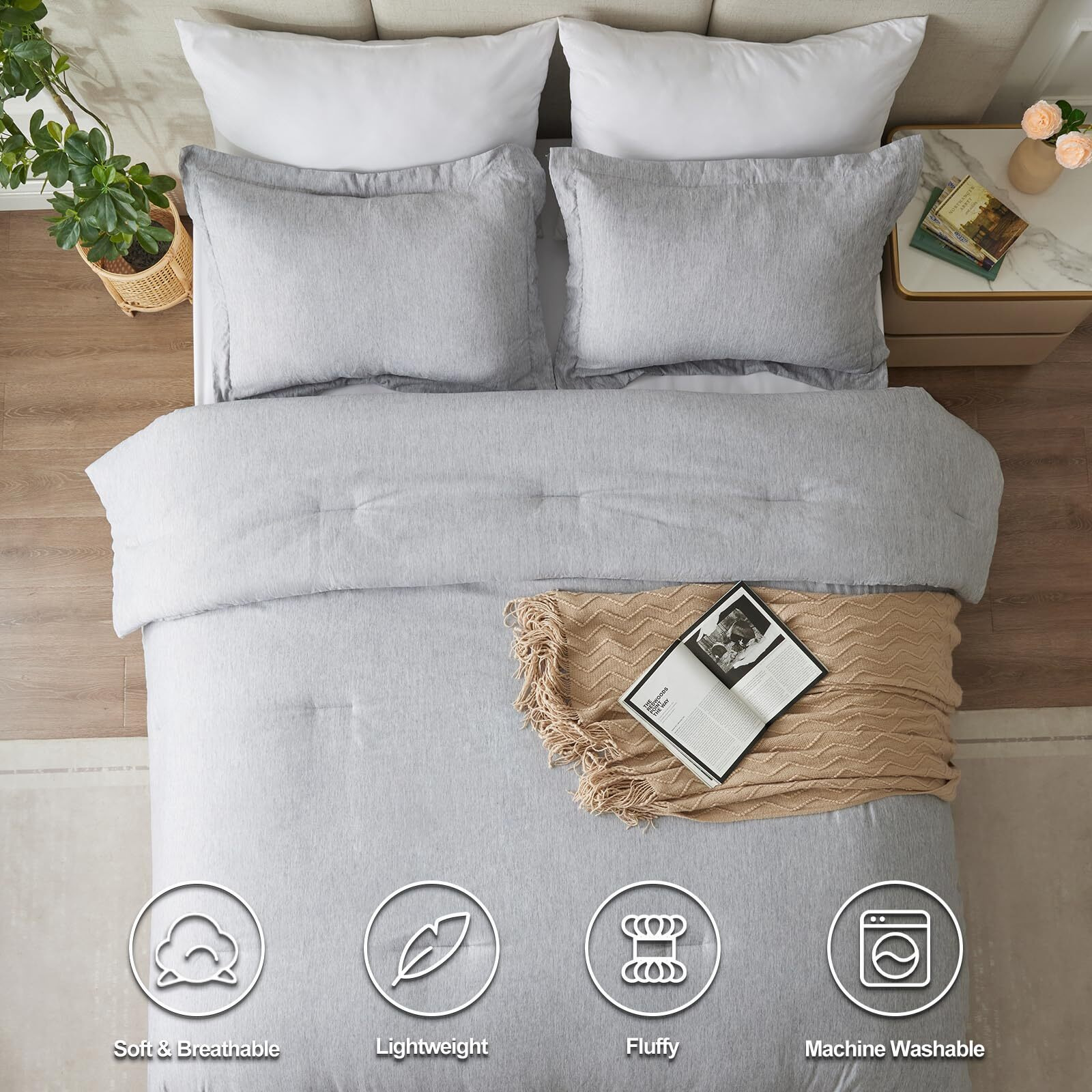 Cozylux King Size Comforter Set - 3 Pieces Light Grey Soft Luxury Cationic Dyeing Bedding Comforter For All Season, Light Gray Breathable Lightweight Fluffy Bed Set With 1 Comforter And 2 Pillow Shams