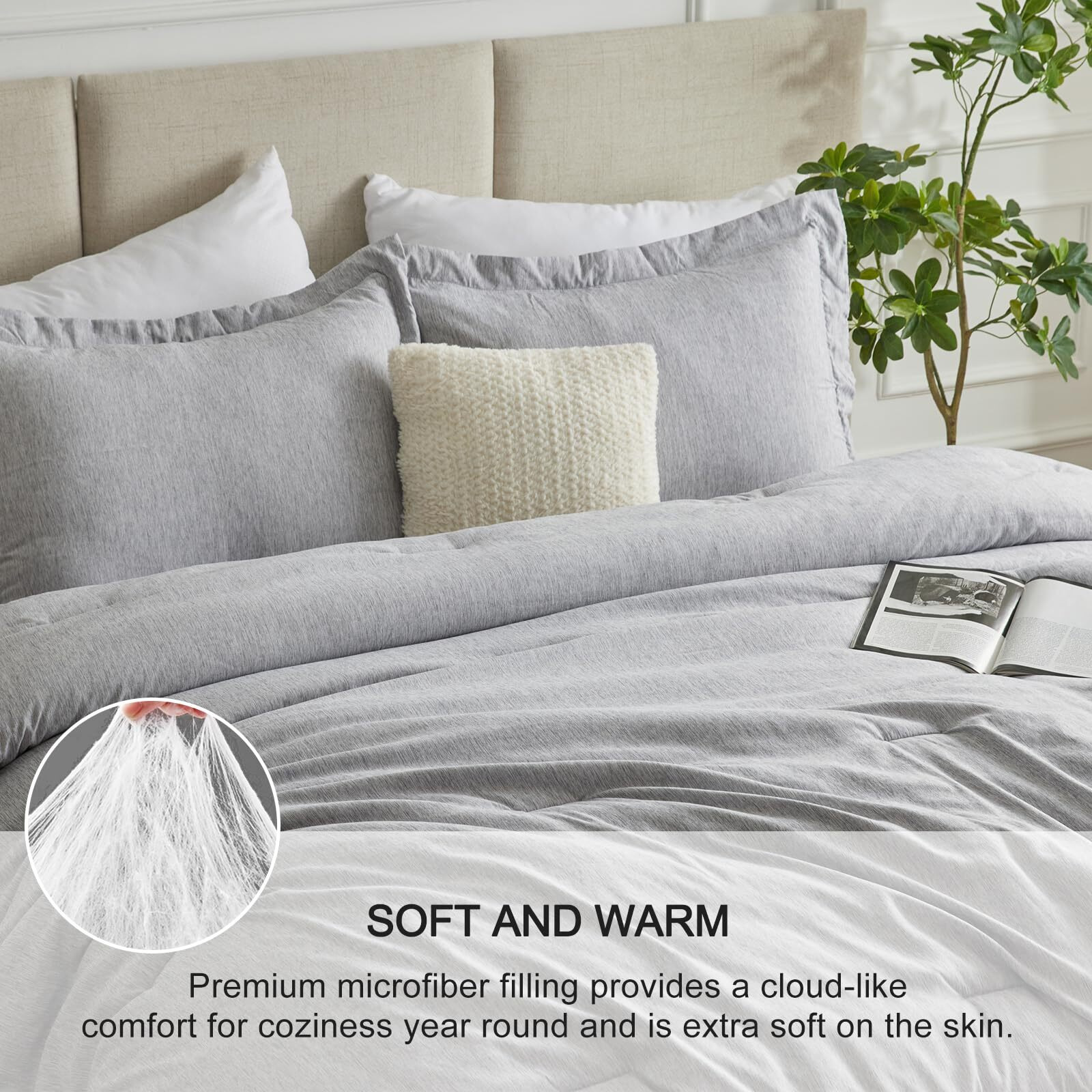 Cozylux King Size Comforter Set - 3 Pieces Light Grey Soft Luxury Cationic Dyeing Bedding Comforter For All Season, Light Gray Breathable Lightweight Fluffy Bed Set With 1 Comforter And 2 Pillow Shams
