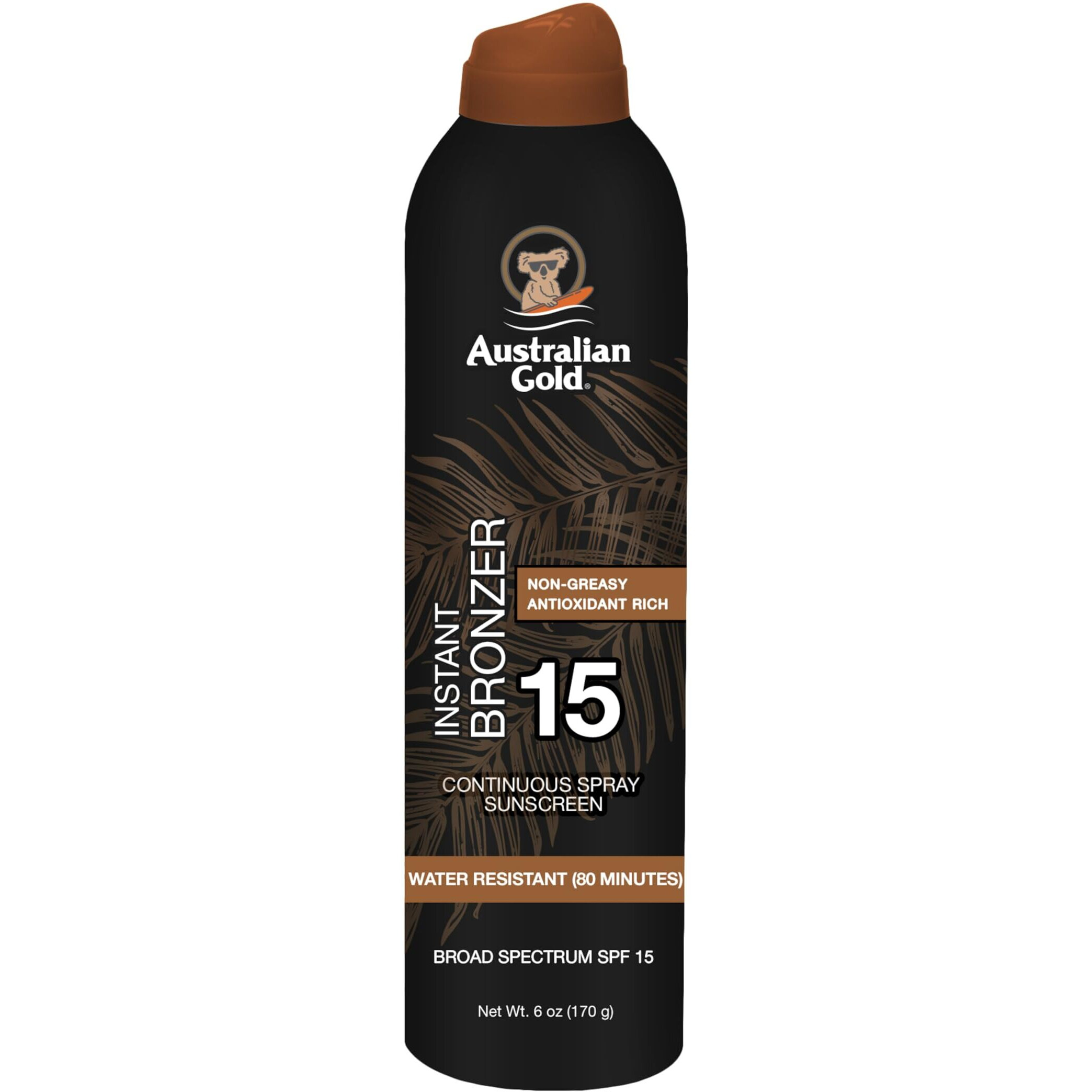Australian Gold Continuous Spray Sunscreen With Instant Bronzer Spf 15, Immediate Glow & Dries Fast, Broad Spectrum, Water Resistant, Non-Greasy, Vegan And Peta Approved, Cocoa Dreams Scent, 6 Ounce