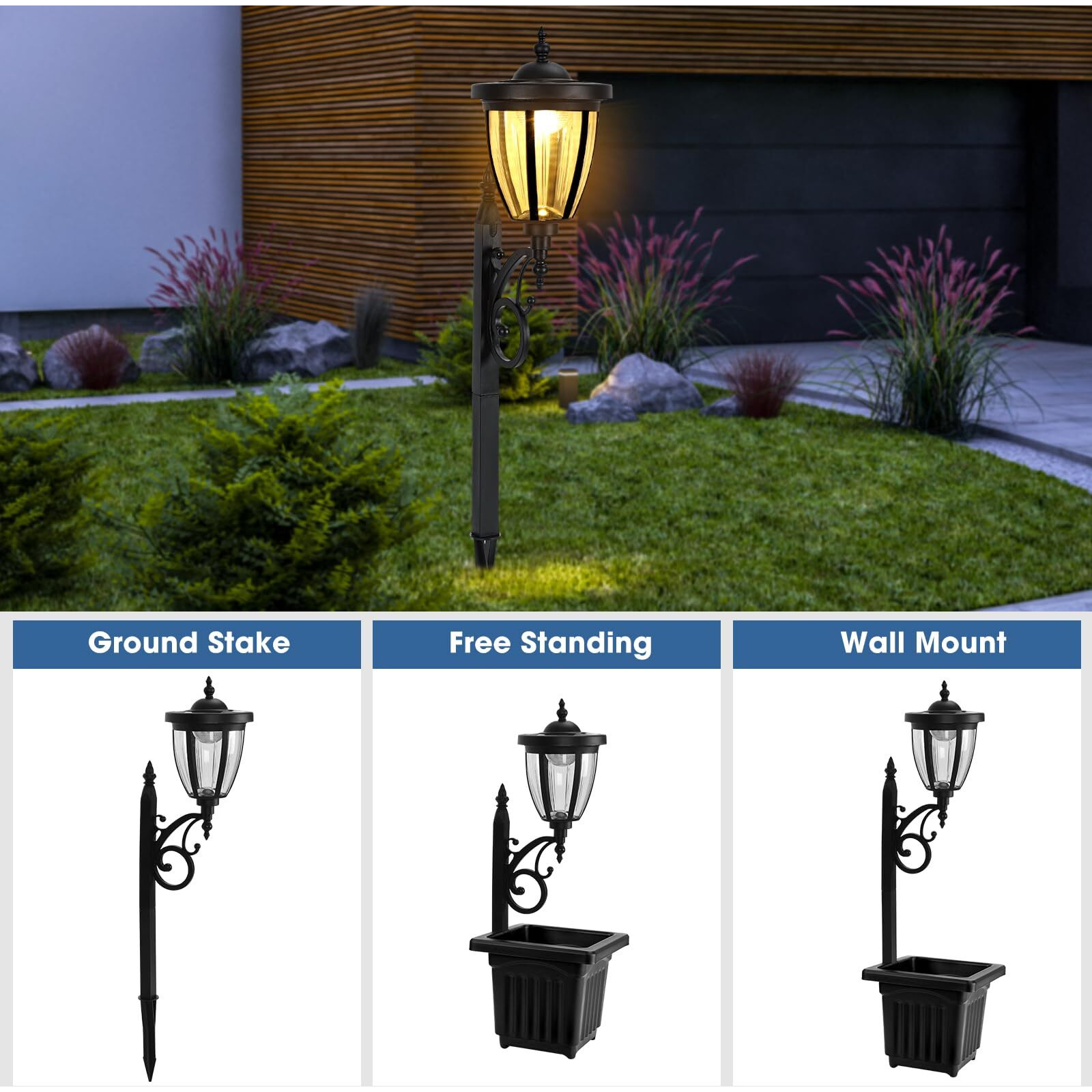 Sun-Ray Kambria Multi Function 2-Piece Set Of Solar Lights With Posts, Ground Stakes, Planters, & Wall Mount Hardware, Outdoor Lights For Patio, Porch, Deck, Yard
