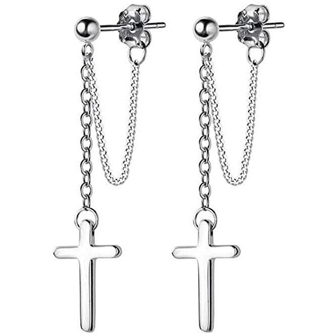 Cross Dangle Drop Earrings 925 Sterling Silver Chain Dropping For Women Girls Men Punk Ball Studs Hypoallergenic Jewelry (Silver)