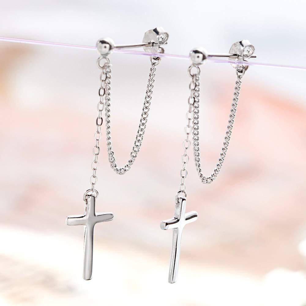 Cross Dangle Drop Earrings 925 Sterling Silver Chain Dropping For Women Girls Men Punk Ball Studs Hypoallergenic Jewelry (Silver)