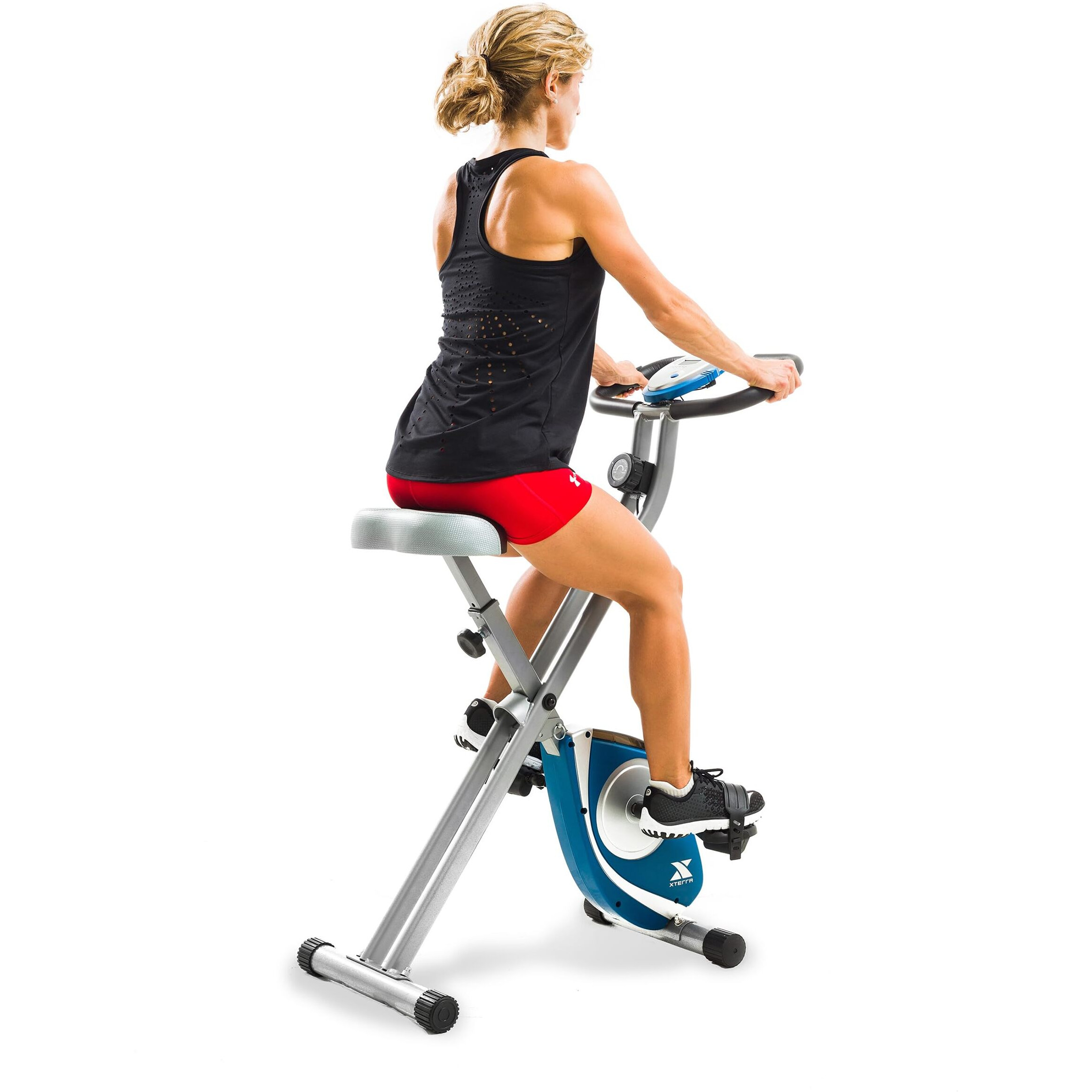 Xterra Fitness Folding Exercise Bike, 225 Lb Weight Capacity, Cordless, Battery Powered With Solid X-Frame Folding Design, Padded Seat And Handlebars, Adjustable Foot Straps, 8 Levels Of Resistance