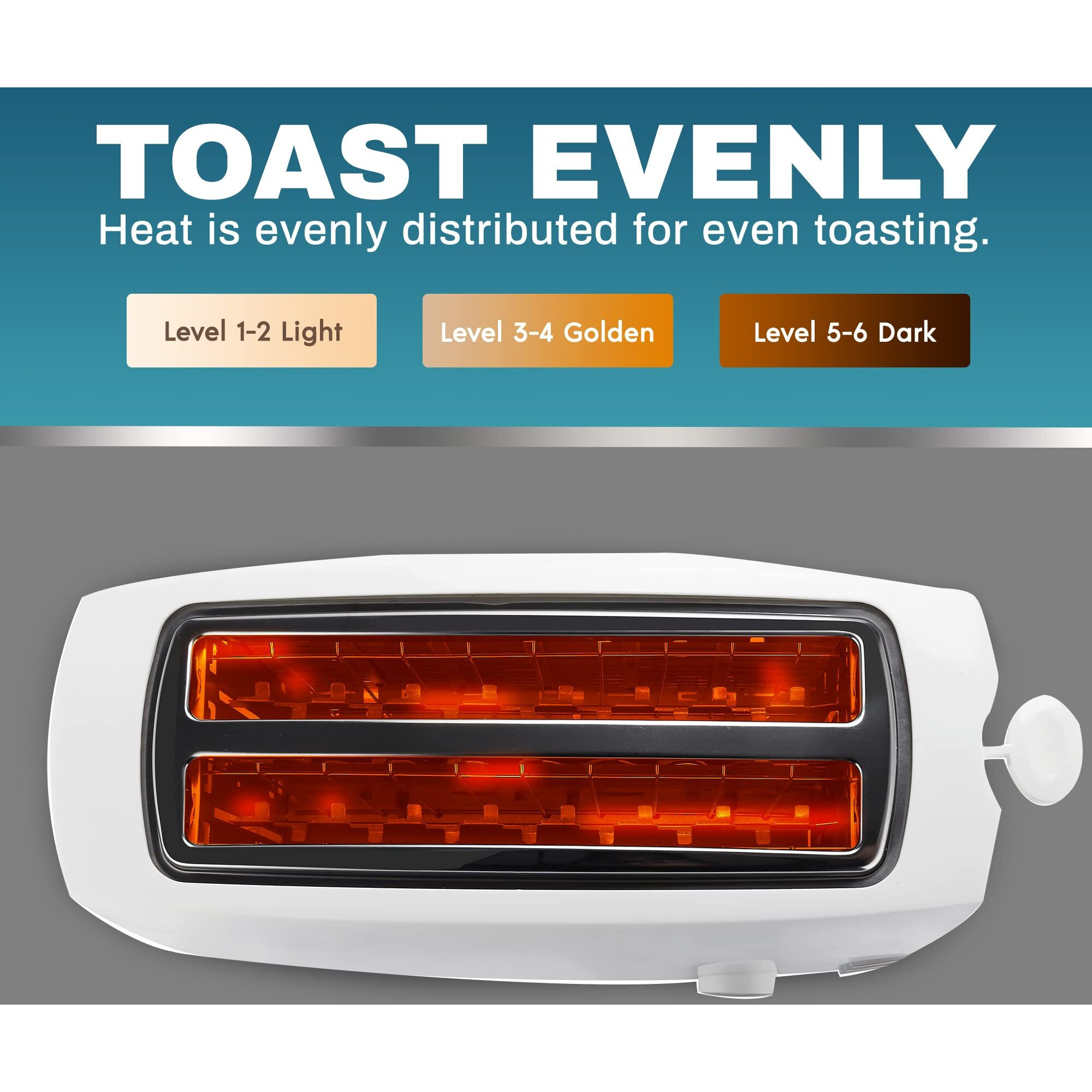 Elite Gourmet Ect-4829 Long Slot 4 Slice Toaster, 6 Toast Settings Toaster Defrost, Reheat, Cancel Functions, Slide Out Crumb Tray, Extra Wide Slots For Bagels Waffles, White