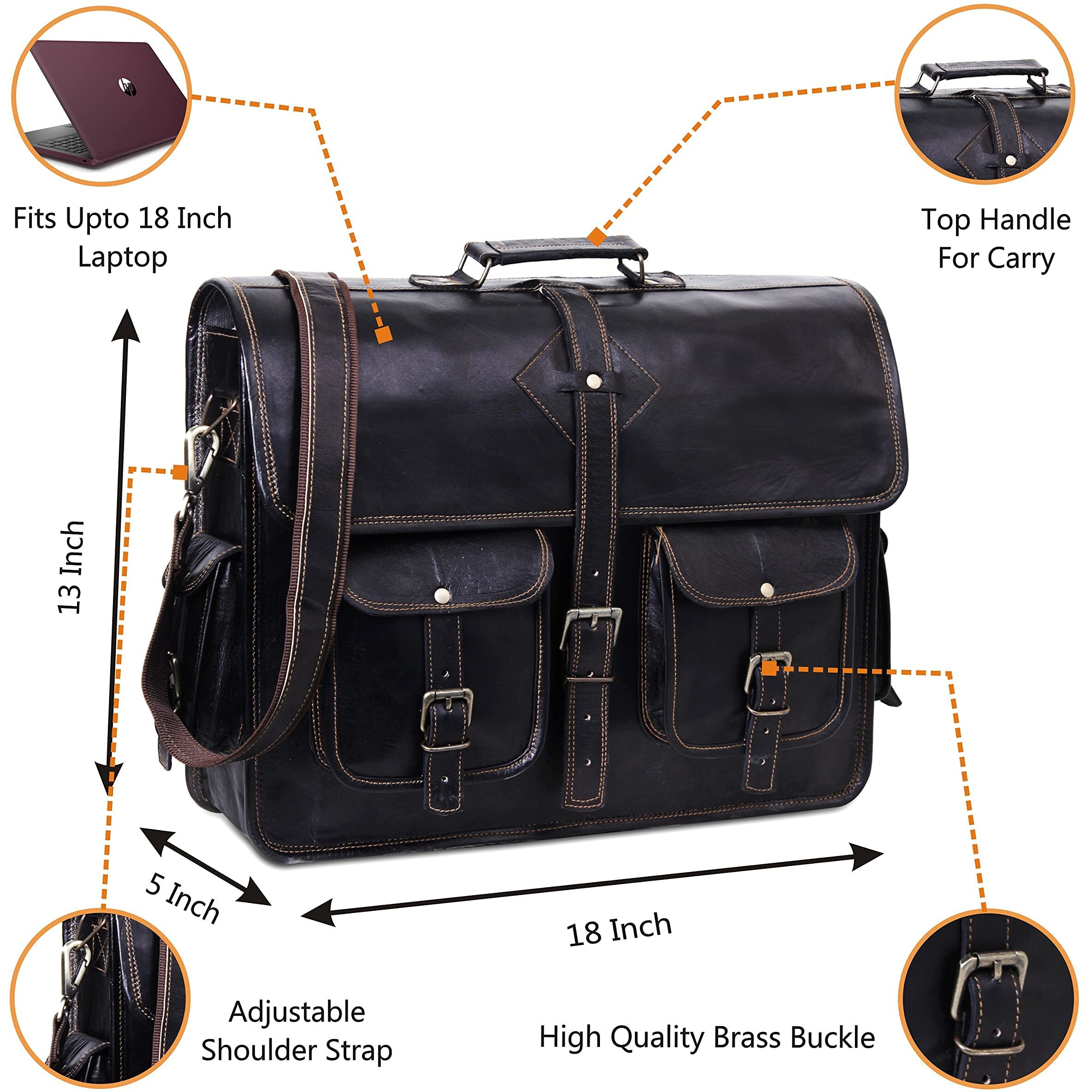Hulsh Black Leather Messenger Bag For Men And Women 18 Inch | Handmade Vintage Genuine Leather Laptop Bag For Men | Best Leather Briefcase Satchel Computer Crossbody Shoulder Bag For Work Office Use