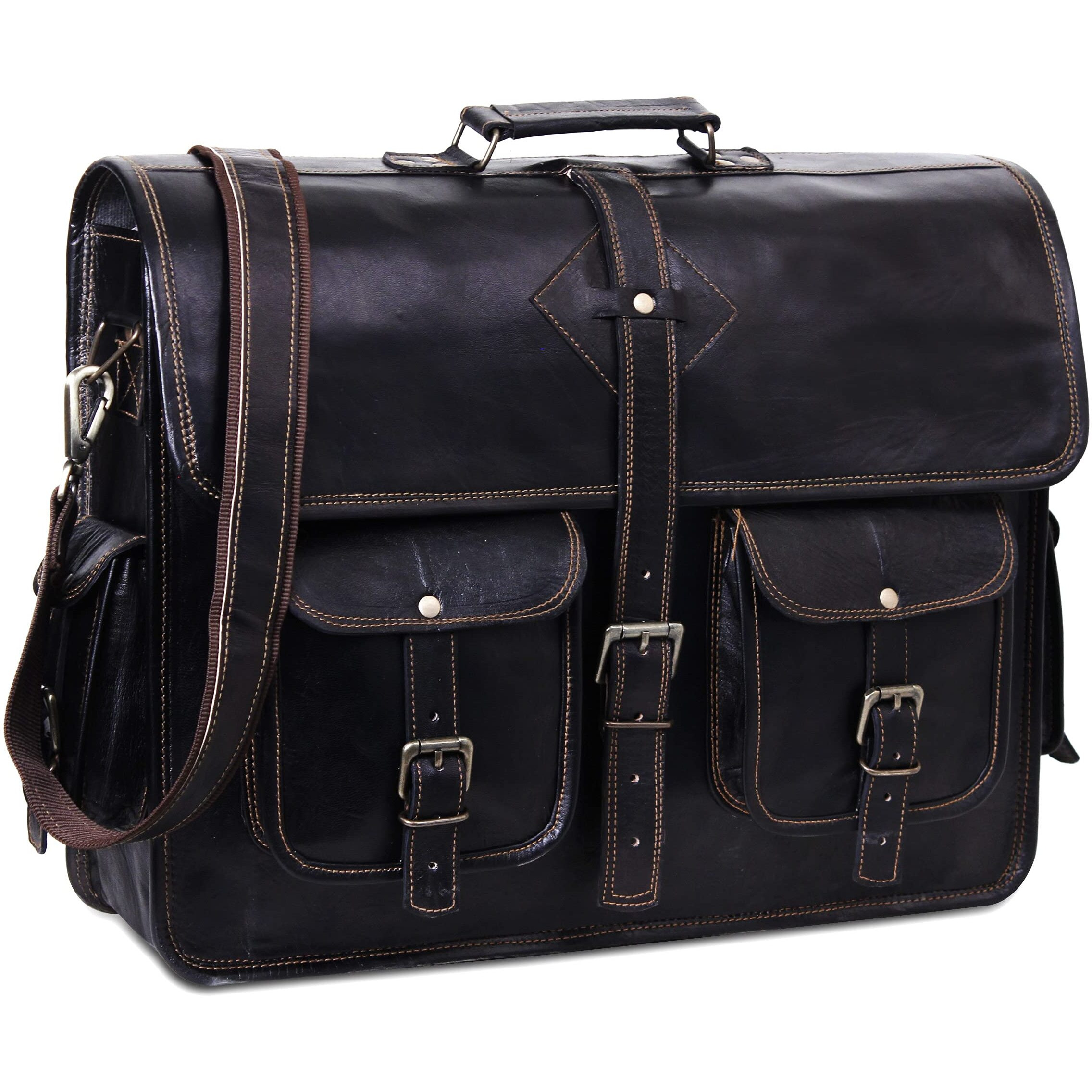 Hulsh Black Leather Messenger Bag For Men And Women 18 Inch | Handmade Vintage Genuine Leather Laptop Bag For Men | Best Leather Briefcase Satchel Computer Crossbody Shoulder Bag For Work Office Use