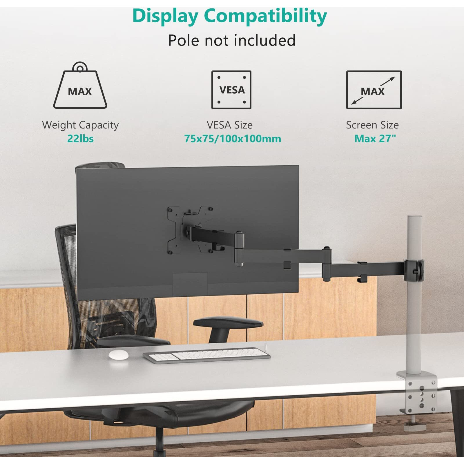 Wali Single Monitor Arm, Universal 3 Tier Arm Fully Adjustable Pole Mount Bracket For Wali Monitor Mounting System (001Armxl), Black