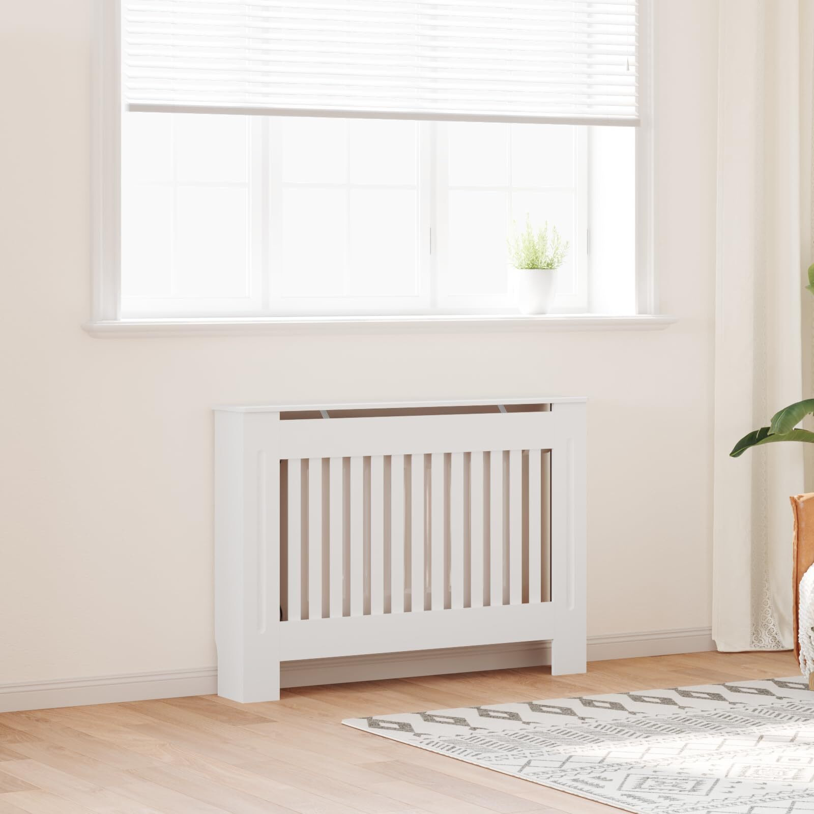 Vidaxl Radiator Cover, Slatted Design Heater Cover Cabinet With Top Storage Shelf, Hide Cluttered Pipes, Mdf, 44.1''X7.5''X32.1'', White