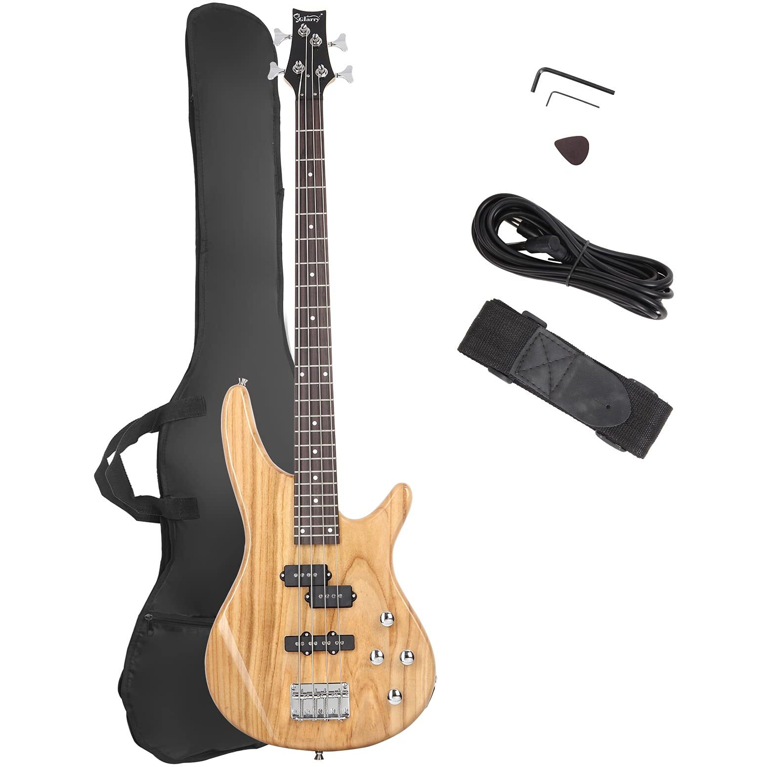 Glarry Electric Bass Guitar Full Size 4 String Exquisite Stylish Bass With Power Line, Bag And Wrench Tool (Natural Wood)