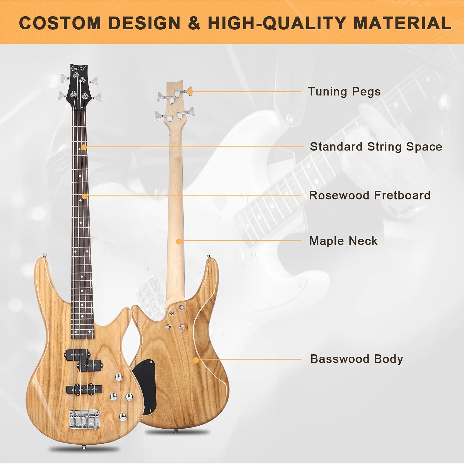 Glarry Electric Bass Guitar Full Size 4 String Exquisite Stylish Bass With Power Line, Bag And Wrench Tool (Natural Wood)