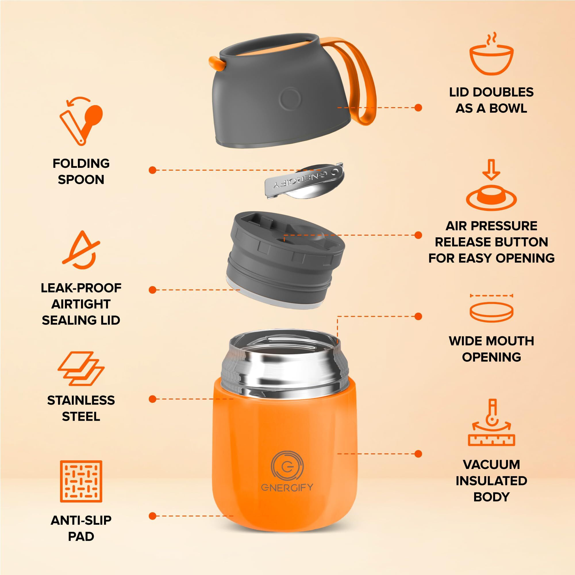 Energify Vacuum Insulated Food Jar Wide Mouth 17 Oz Soup Thermo With Folding Spoon - Thermal Lunch Containers For Kids & Adults - Leak Proof Stainless Steel Thermos For Hot Food Keep 12H And Cold 24H