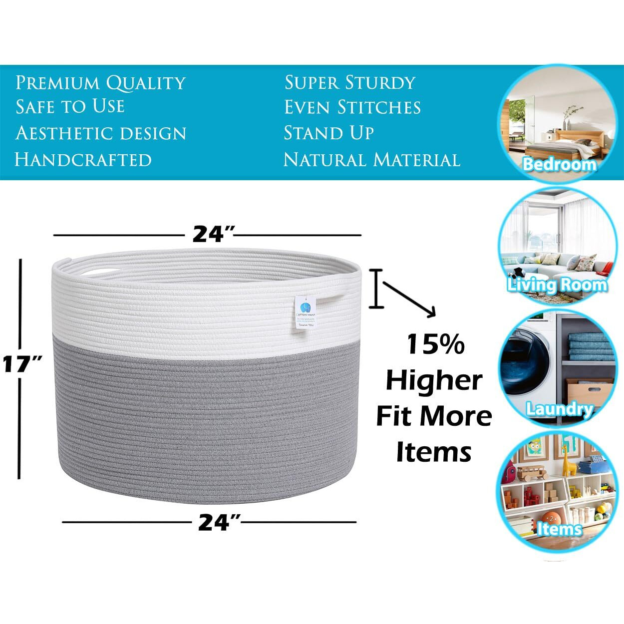 24"" X 24"" X 17"" Max Size Large Cotton Rope Basket, Extra Large Storage Basket, Woven Laundry Hamper, Cloth Storage Bin, For Blankets Clothes Towels Pillows In Living Room, Grey