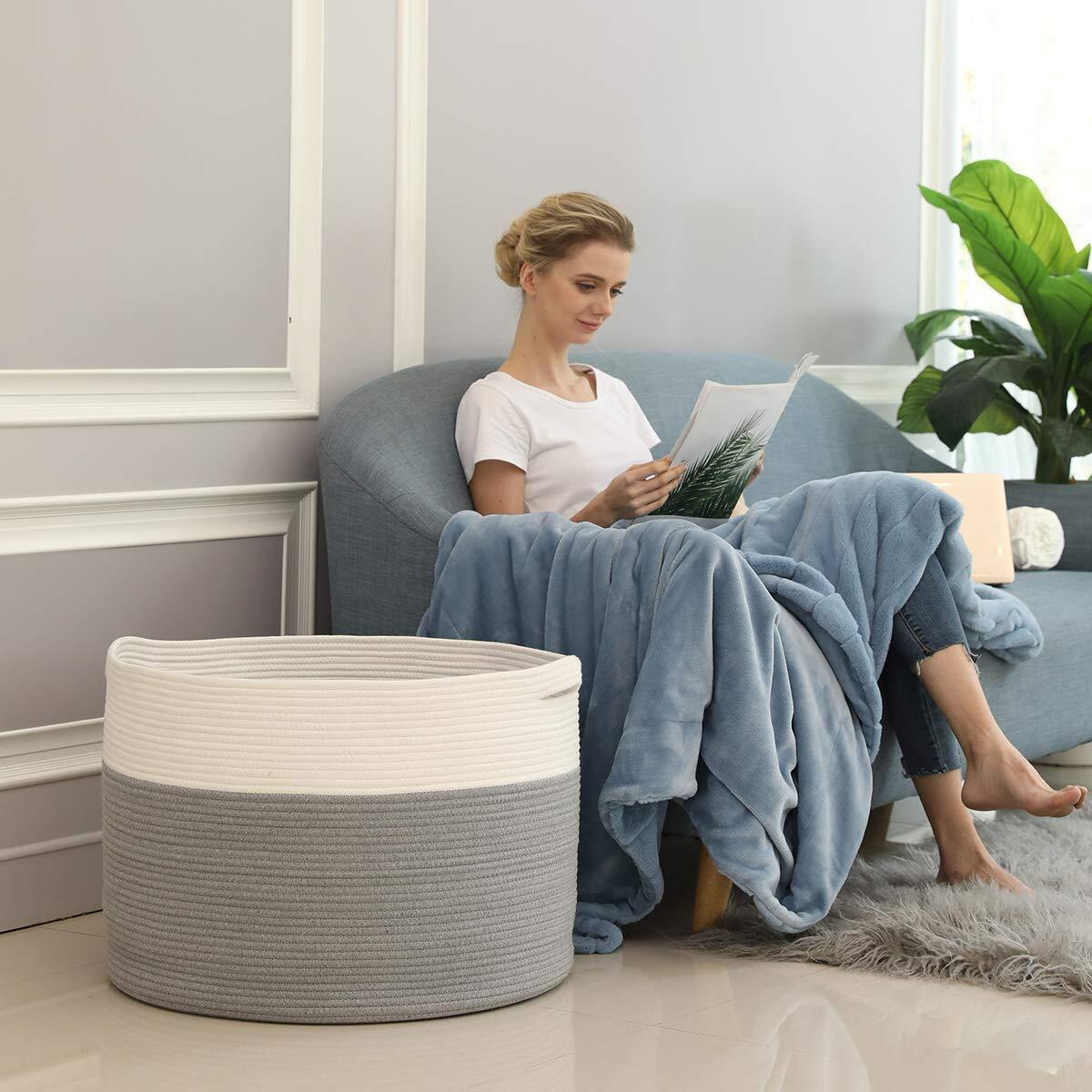 24"" X 24"" X 17"" Max Size Large Cotton Rope Basket, Extra Large Storage Basket, Woven Laundry Hamper, Cloth Storage Bin, For Blankets Clothes Towels Pillows In Living Room, Grey