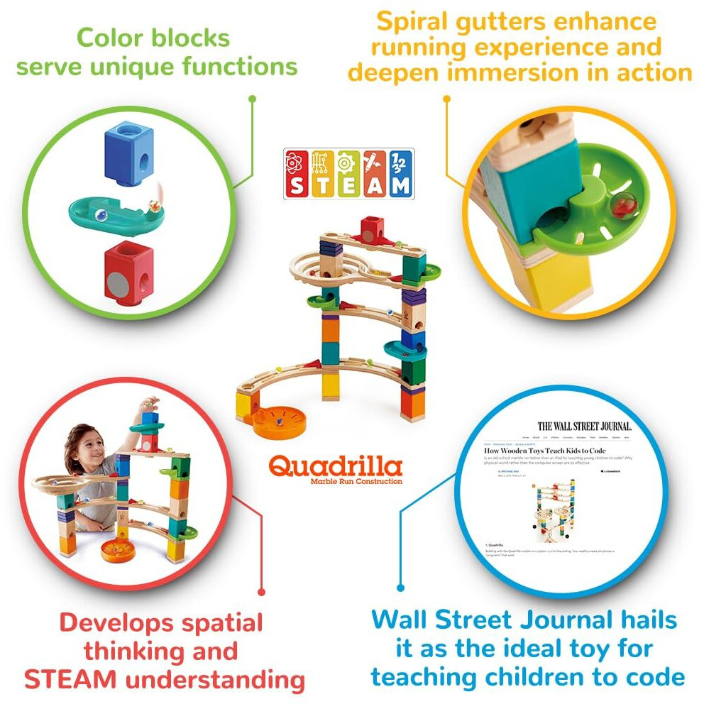 Hape Quadrilla Cliffhanger Wooden Marble Run Blocks | Marble Maze Run Set, Early Educational Stem Development Building Toys For Kids, Multicolor, ModelE6020