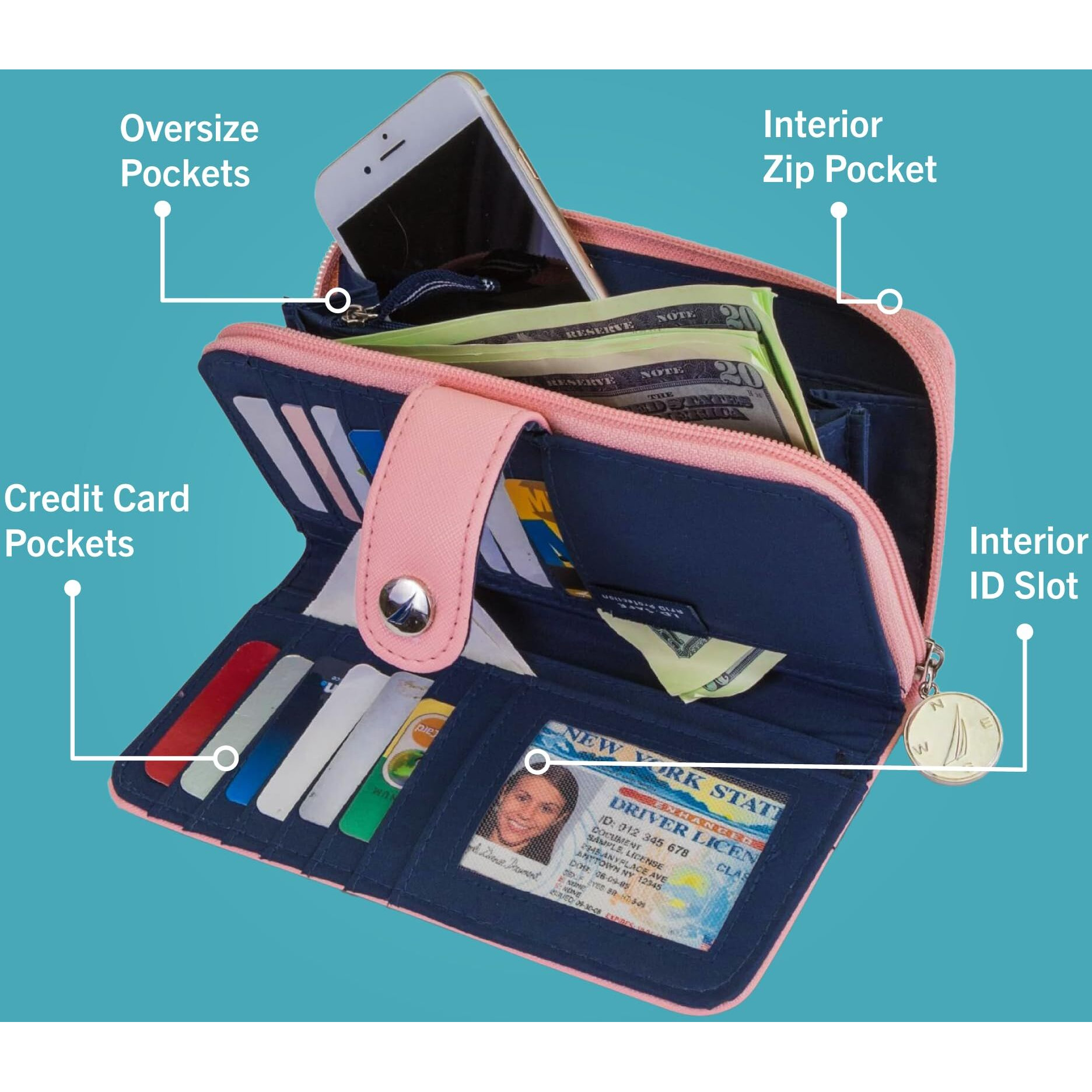 Nautica Womens, Be Shore Vegan Leather Rfid Wallet, Zip Around Clutch Large Slim Phone Case And Multi Card Organizer, Aloha, Pink