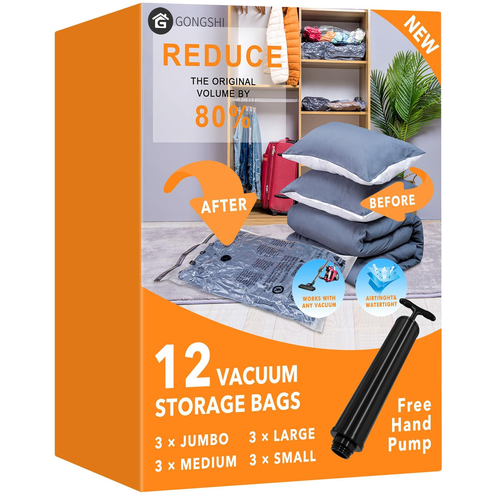12 Pack Vacuum Storage Bags (3 X Jumbo, 3 X Large, 3 X Medium, 3 X Small), Space Saver Sealer Compression Bags With Travel Hand Pump For Blankets, Comforters, Pillows, Clothes Storage