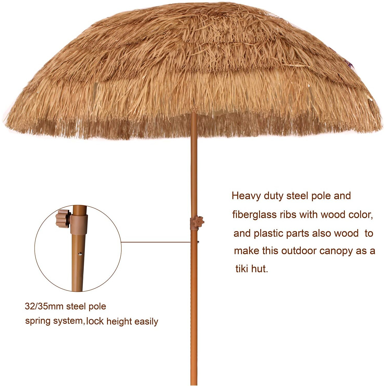 Ammsun 7.5Ft Hula Thatched Tiki Patio Beach Umbrella Hawaiian Style 10 Ribs Upf 50+ With Tilt Carry Bag For Outdoor Tiki Bar, Tropical Palapa, Patio Garden Beach Pool Backyard Natural Color