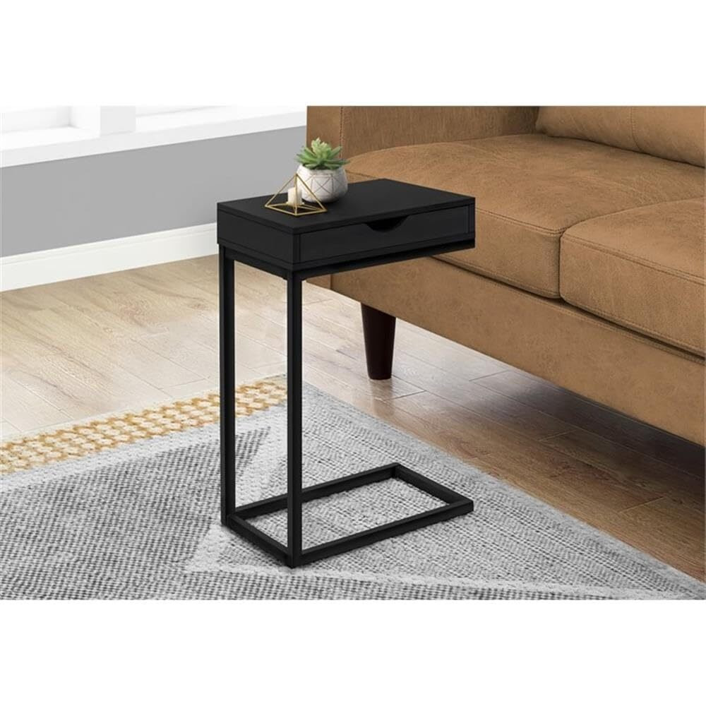 Monarch Specialties 3600, C-Shaped, End, Side, Snack, Storage, Living Room, Bedroom, Laminate, Black, Contemporary, Modern Accent Table Metal With A Drawer, 16"" L X 10.25"" W X 24.5"" H