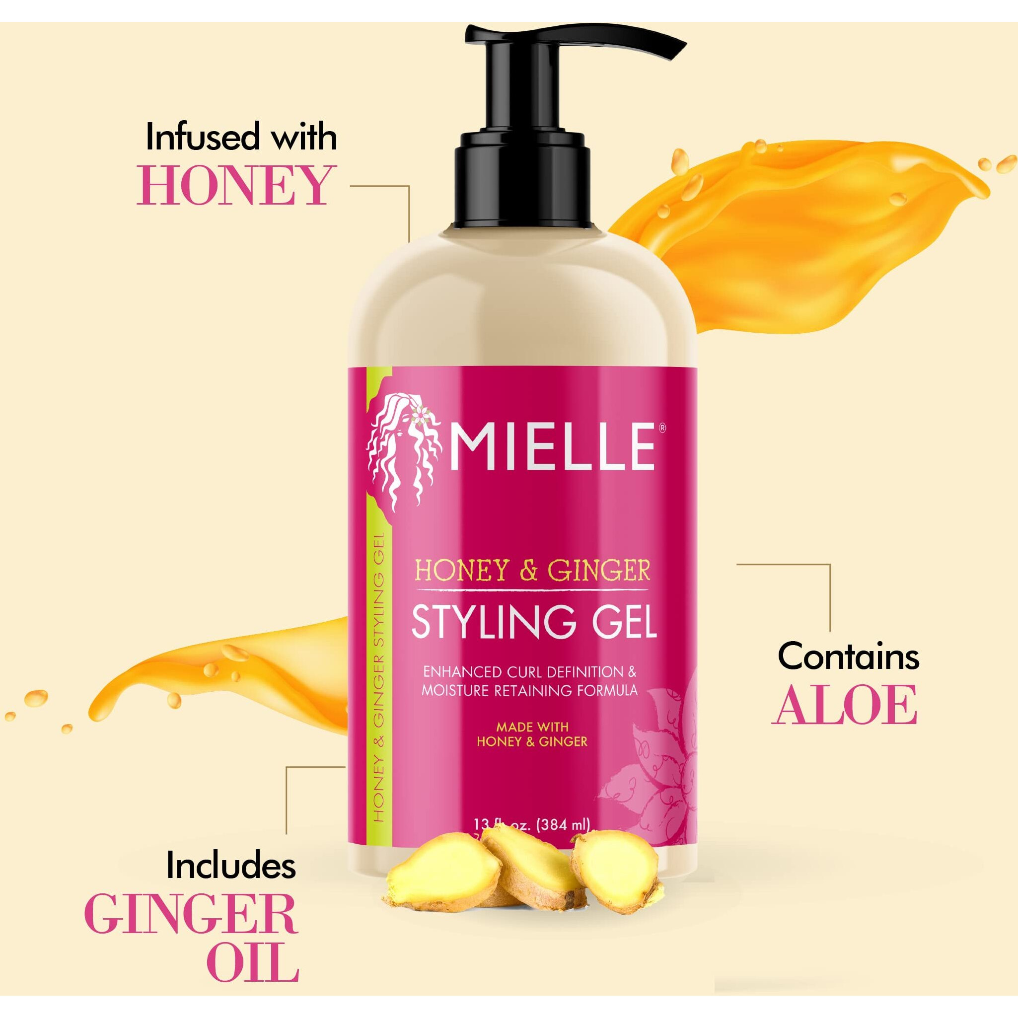Mielle Organics Honey & Ginger Styling Gel For Enhanced Curl Definition And Moisture Retaining With Aloe For Dry, Curly, Thick, And Frizzy Hair, Non-Sticky, 13 Ounces