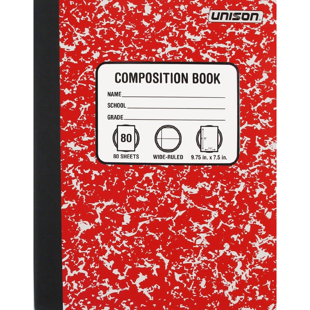 Bundle Of 5 Wide Ruled Marbled Composition Notebooks 1 Of Each Color Red, Blue, Green, Yellow And Black