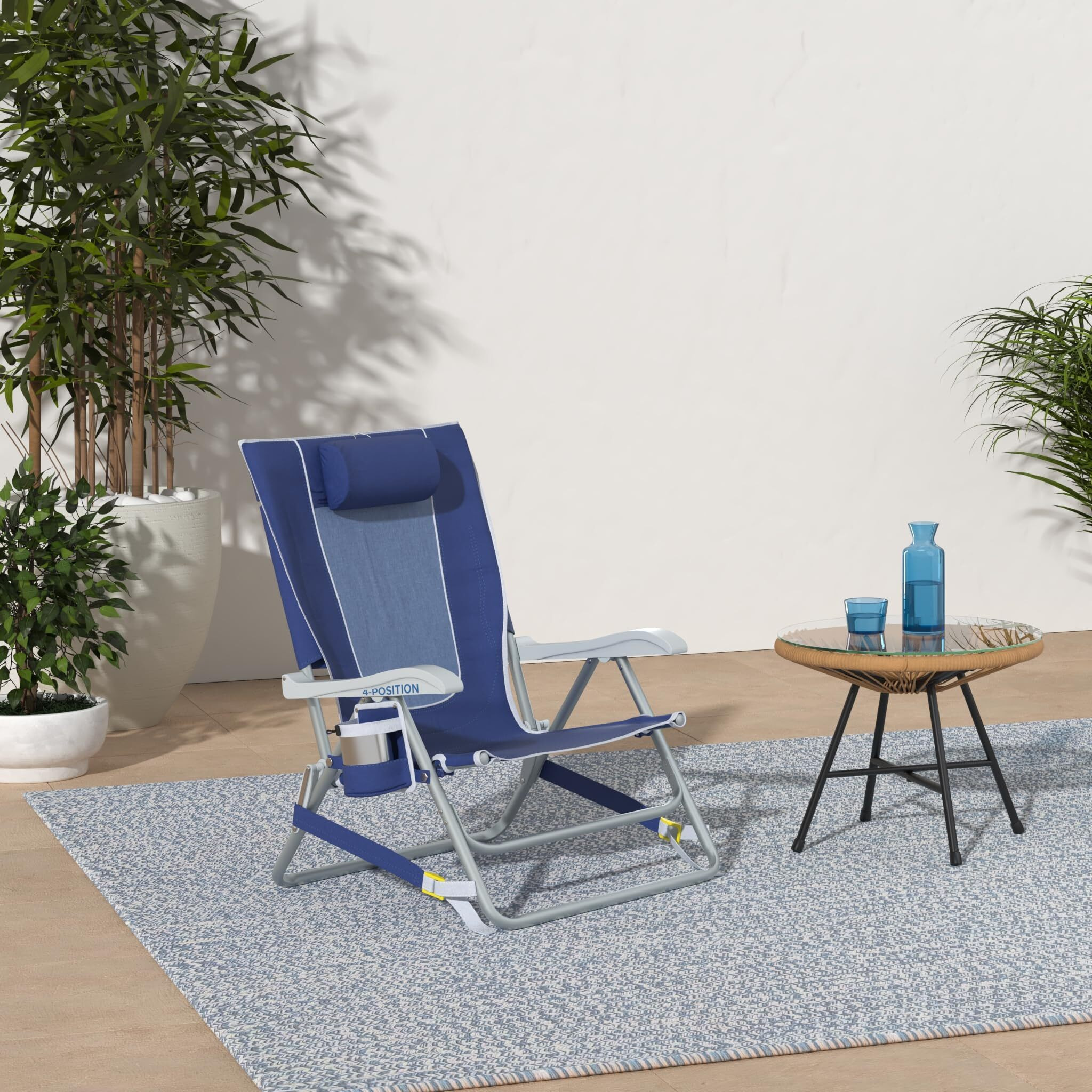 Gci Outdoor Backpack Beach Chair | Reclining Folding Chair With Durable Armrests, Drink Holder & Carry Straps, Perfect For Beach Trips & Picnics - Nautical Blue