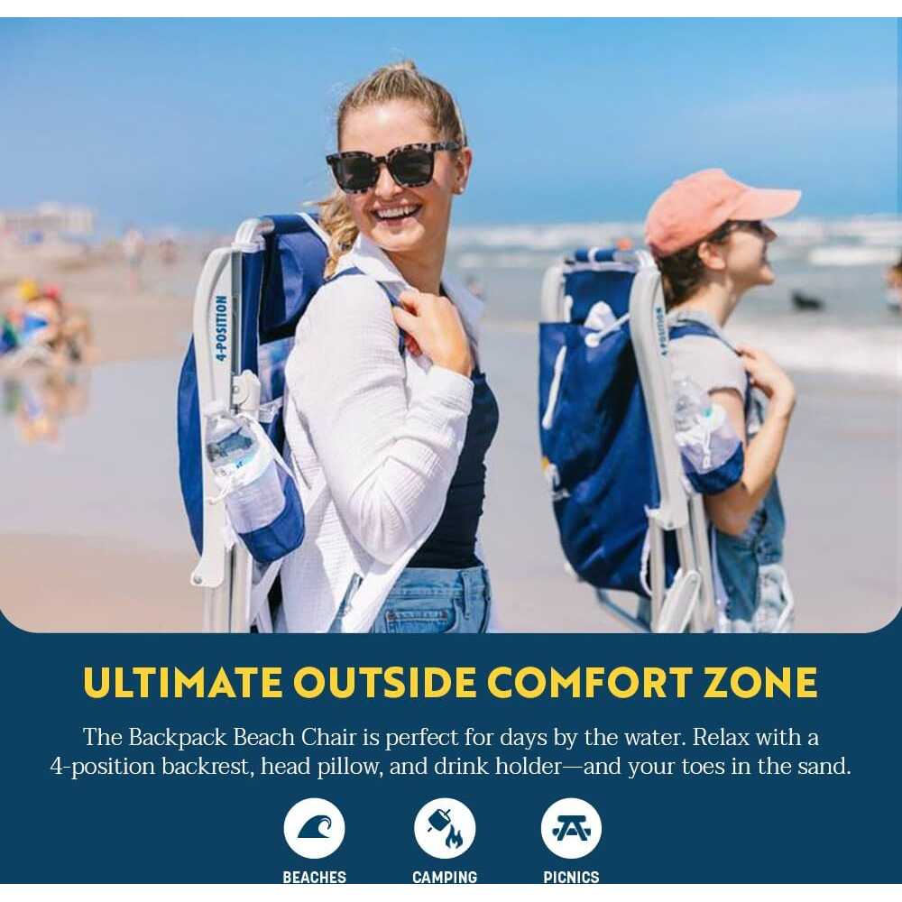Gci Outdoor Backpack Beach Chair | Reclining Folding Chair With Durable Armrests, Drink Holder & Carry Straps, Perfect For Beach Trips & Picnics - Nautical Blue